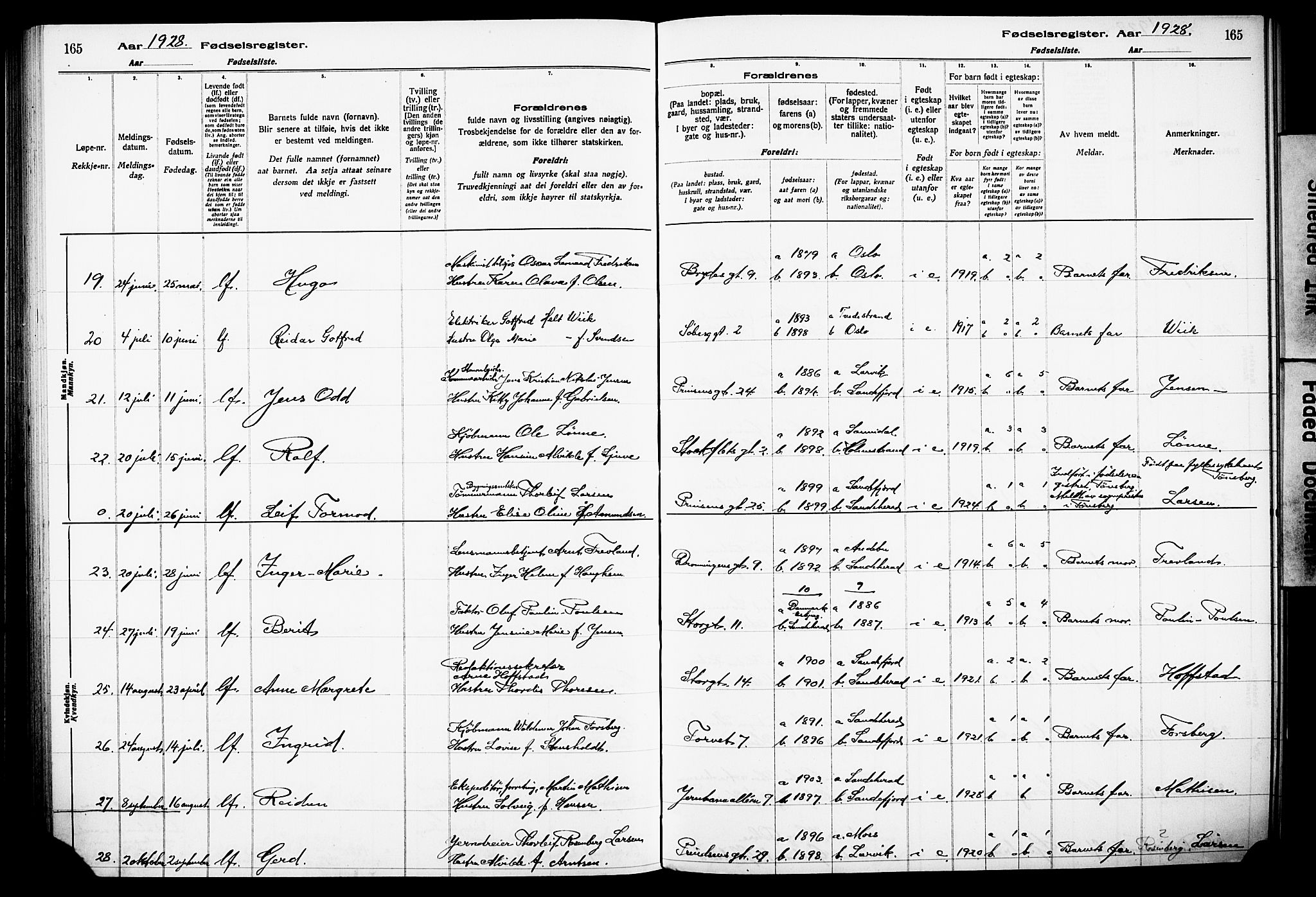 Sandefjord kirkebøker, AV/SAKO-A-315/J/Ja/L0001: Fødselsregister nr. 1, 1916-1932, s. 165