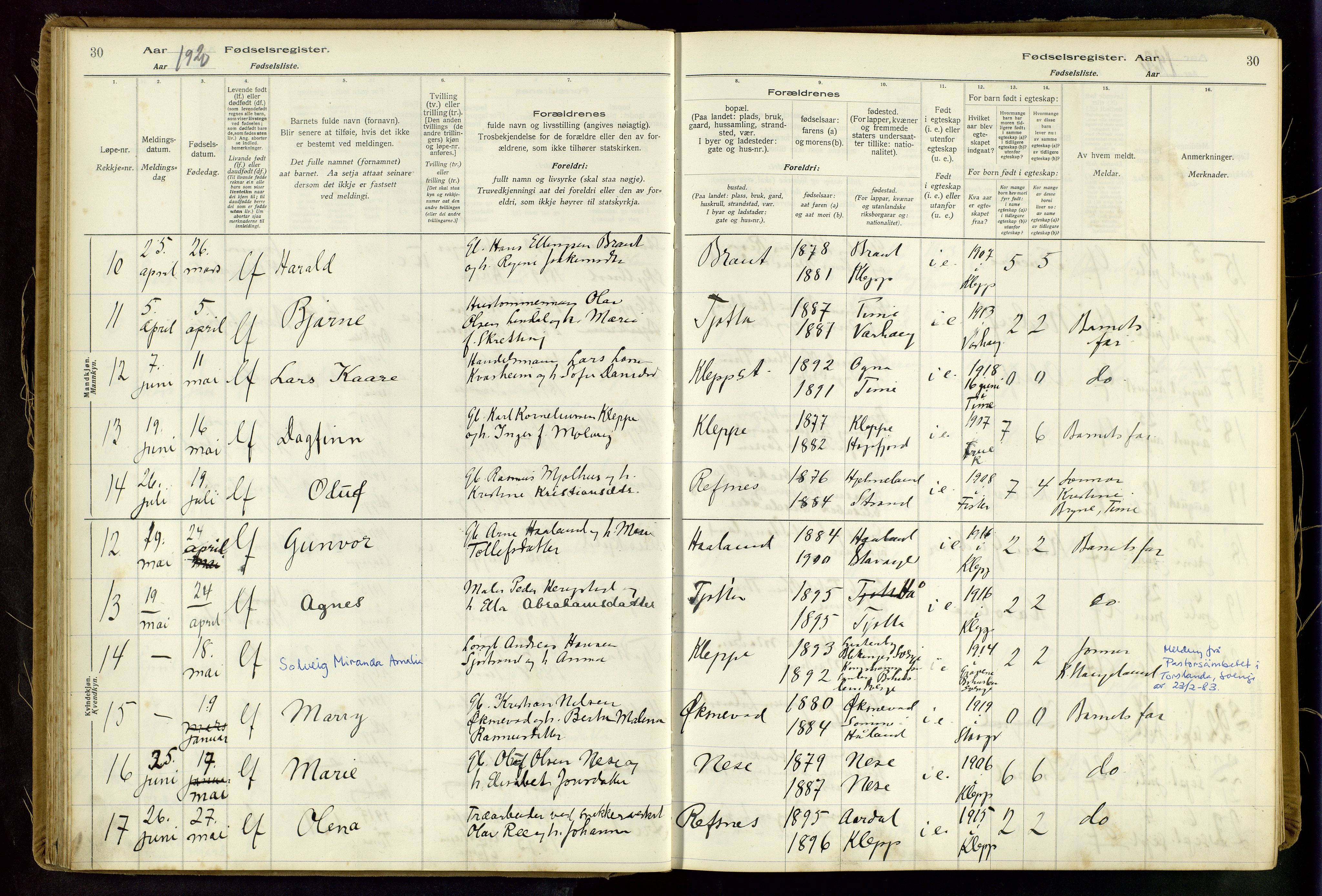 Klepp sokneprestkontor, AV/SAST-A-101803/001/704BAA/L0001: Fødselsregister nr. 1, 1916-1948, s. 30