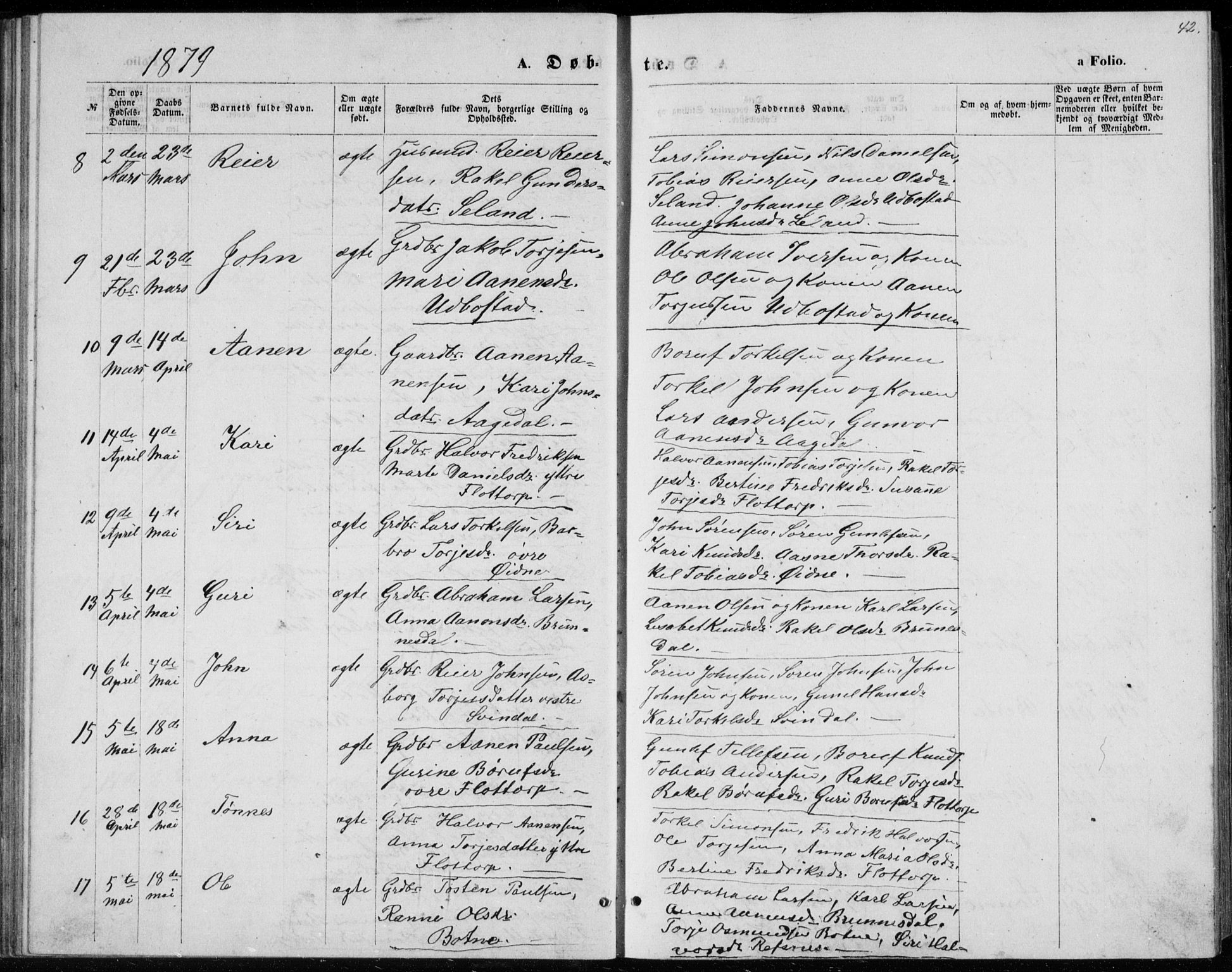 Bjelland sokneprestkontor, AV/SAK-1111-0005/F/Fb/Fbc/L0002: Klokkerbok nr. B 2, 1867-1887, s. 42