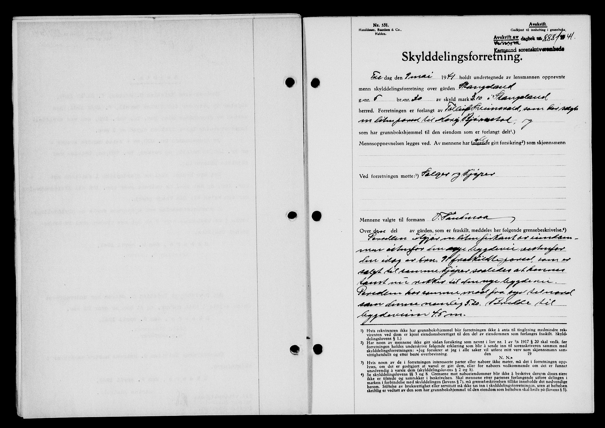Karmsund sorenskriveri, SAST/A-100311/01/II/IIB/L0075: Pantebok nr. 56A, 1941-1941, Dagboknr: 888/1941
