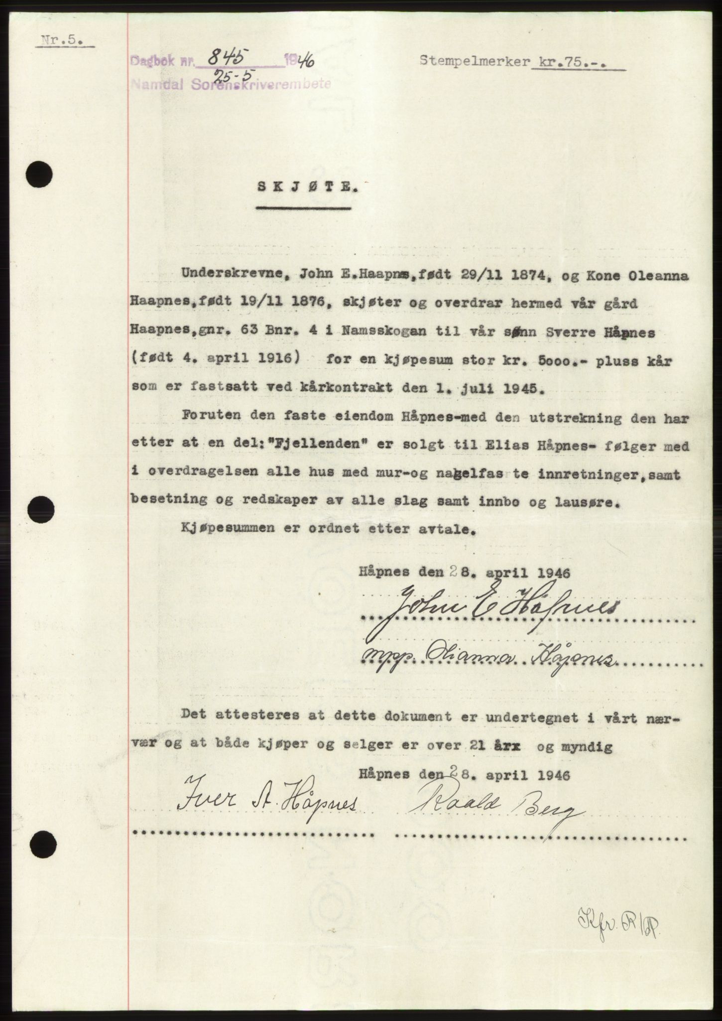 Namdal sorenskriveri, SAT/A-4133/1/2/2C: Pantebok nr. -, 1946-1946, Dagboknr: 845/1946