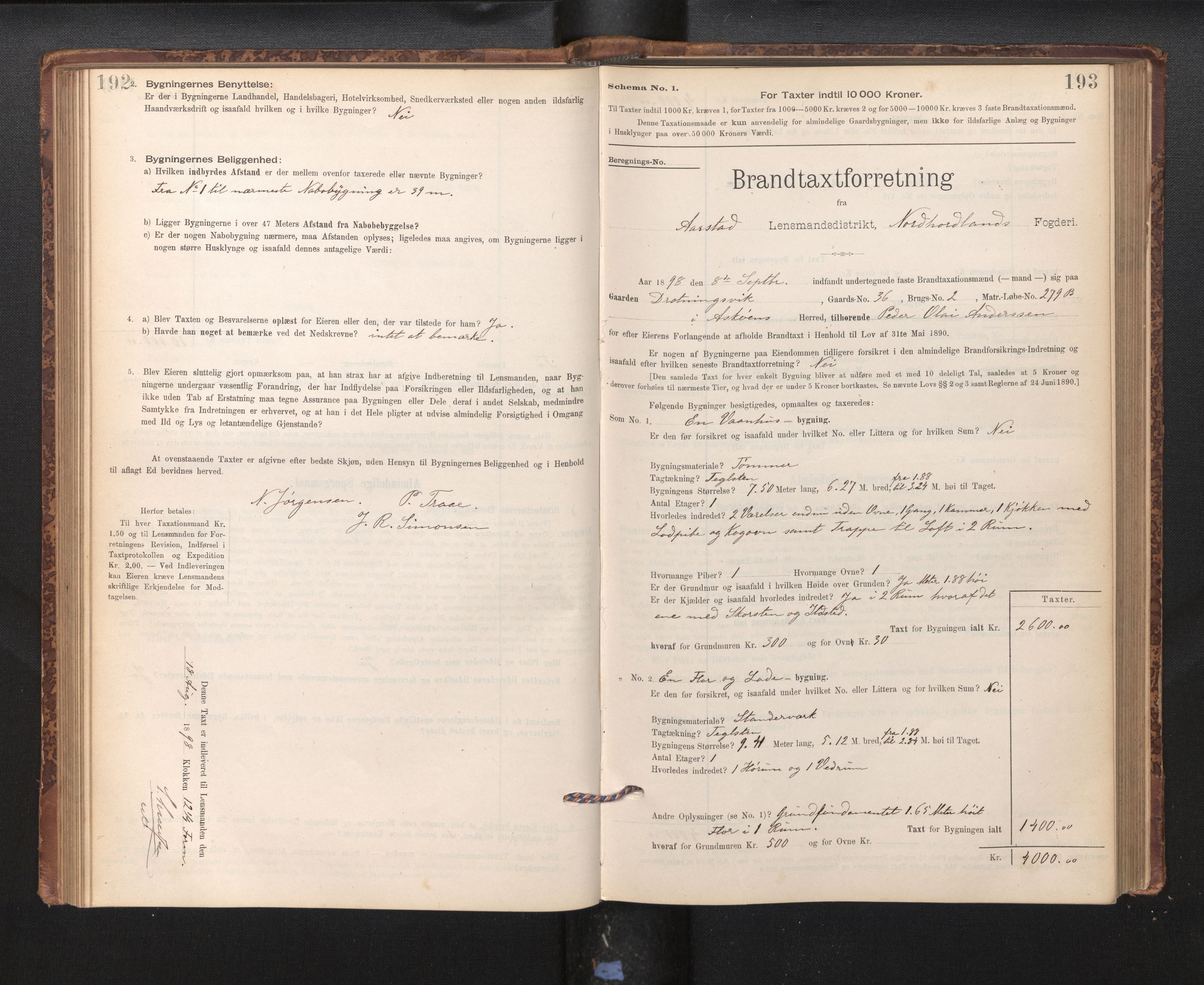 Lensmannen i Årstad, AV/SAB-A-36201/0012/L0011: Branntakstprotokoll,skjematakst, 1895-1901, s. 192-193