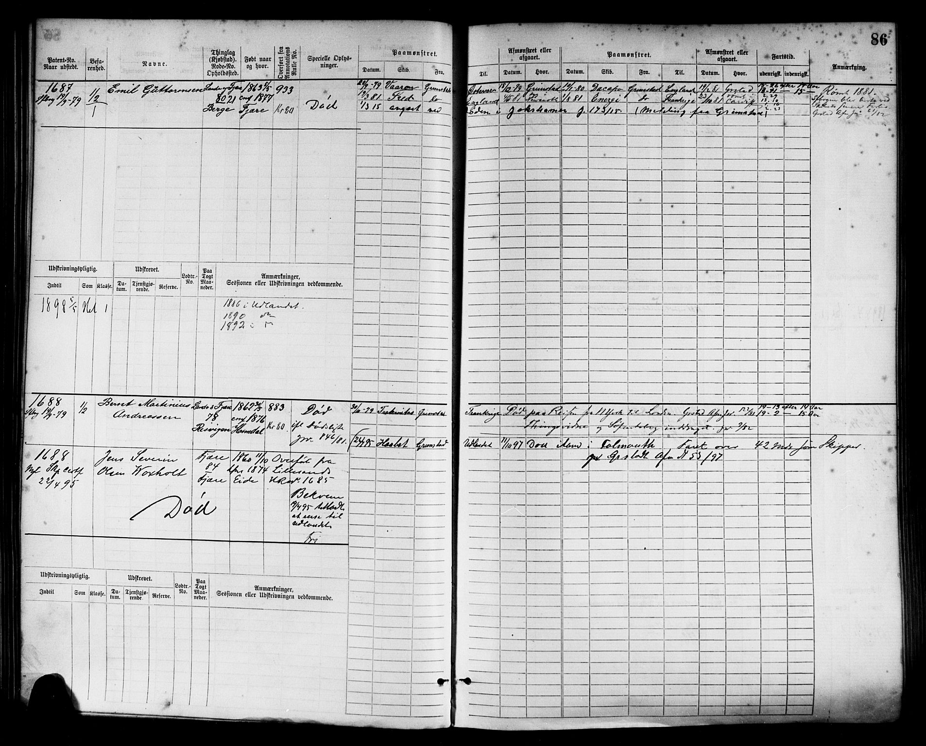 Grimstad mønstringskrets, AV/SAK-2031-0013/F/Fb/L0003: Hovedrulle nr 1517-2276, F-6, 1877-1888, s. 92