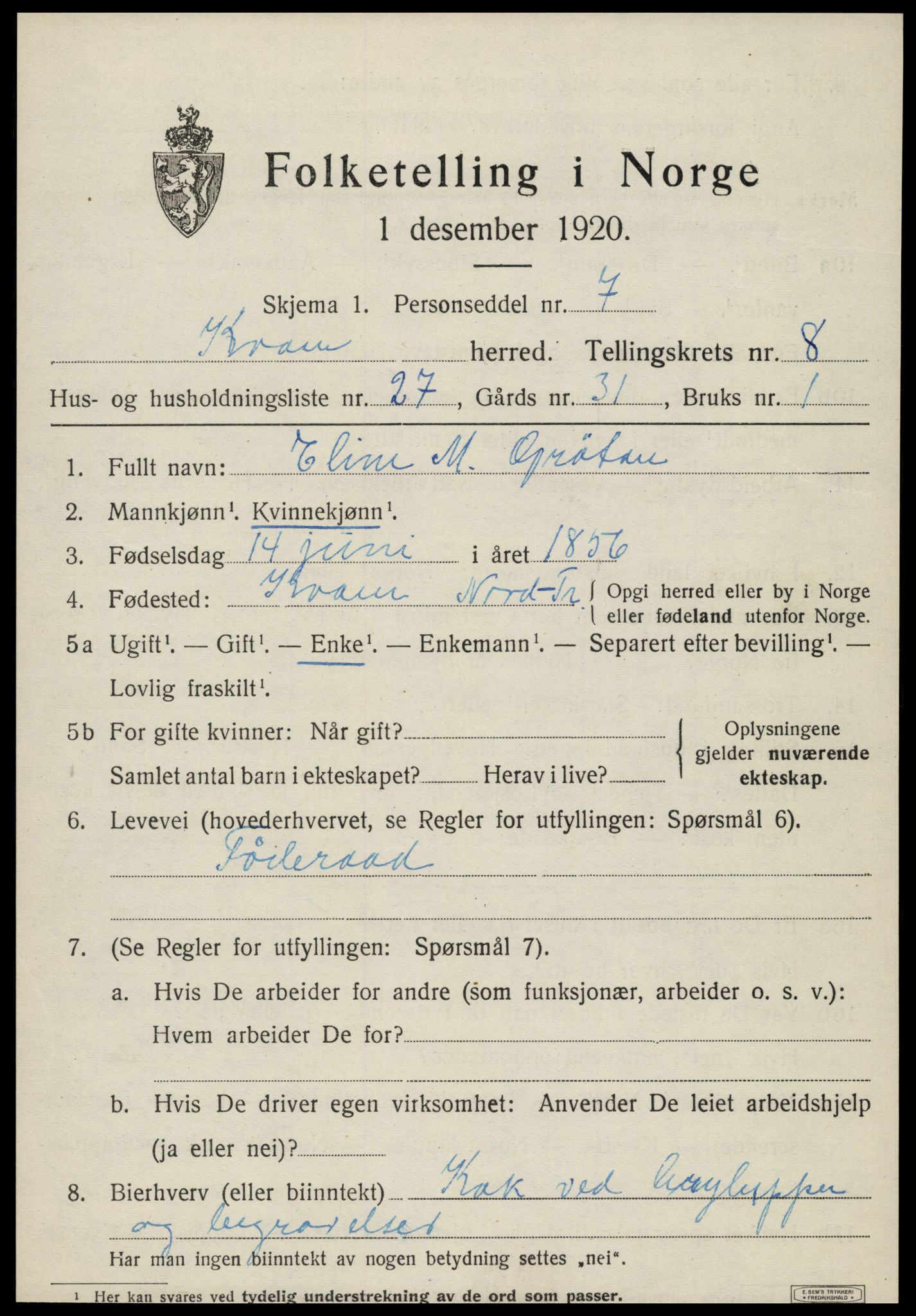 SAT, Folketelling 1920 for 1735 Kvam herred, 1920, s. 2291
