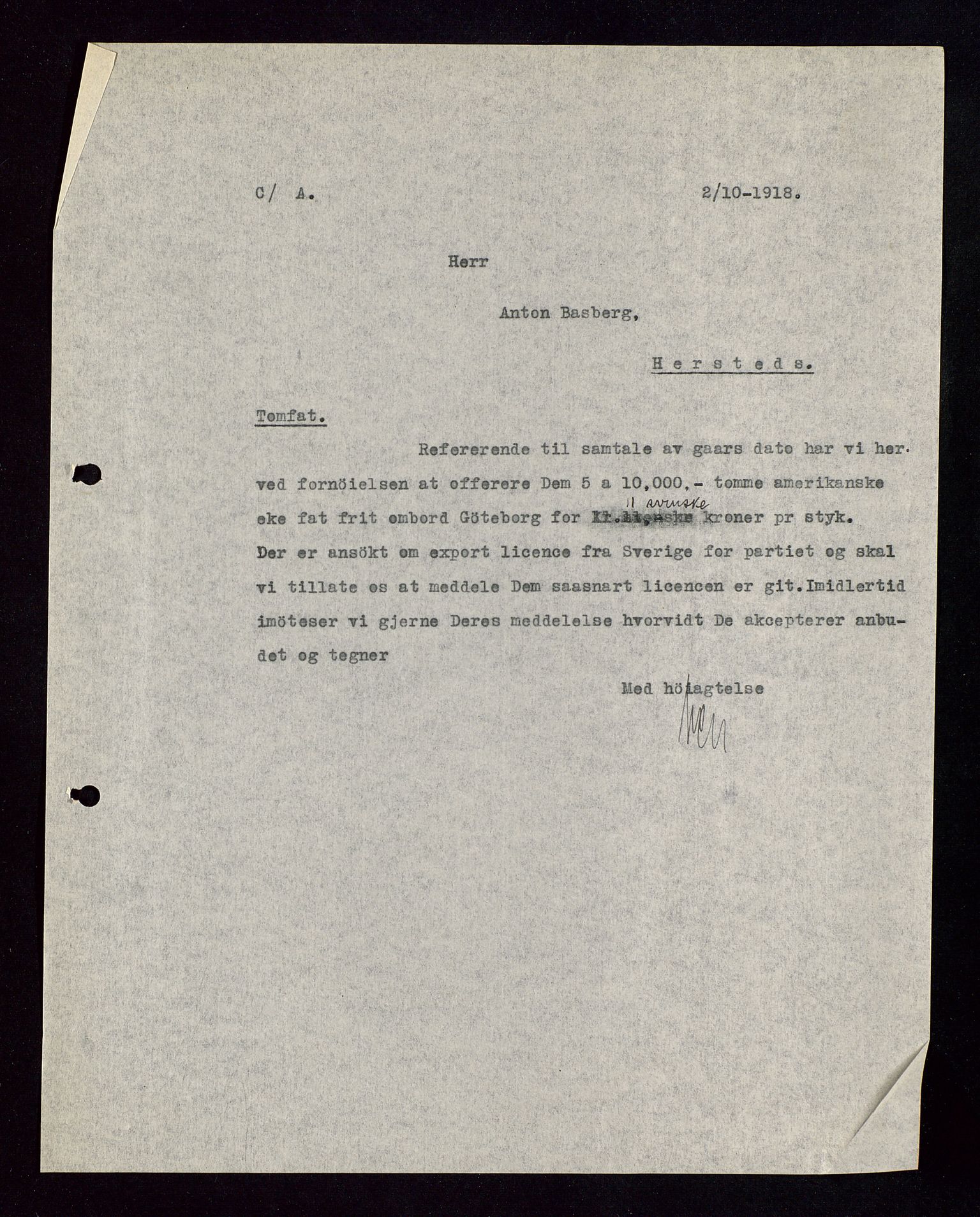 Pa 1521 - A/S Norske Shell, AV/SAST-A-101915/E/Ea/Eaa/L0002: Sjefskorrespondanse, 1917-1918, s. 517