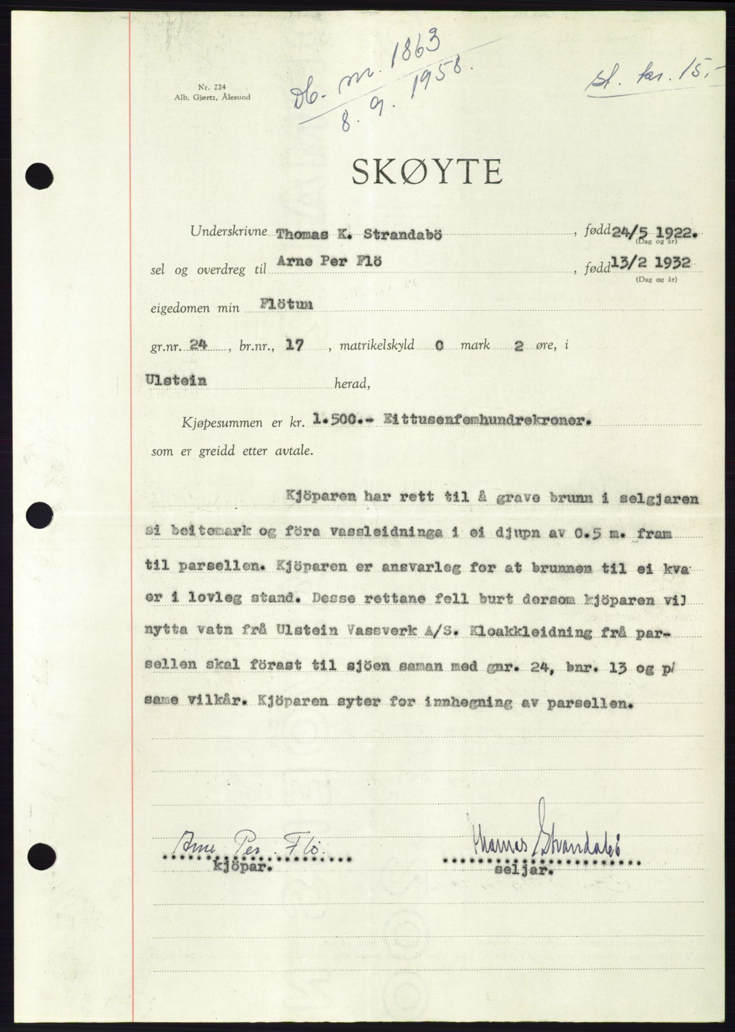 Søre Sunnmøre sorenskriveri, AV/SAT-A-4122/1/2/2C/L0110: Pantebok nr. 36A, 1958-1958, Dagboknr: 1863/1958