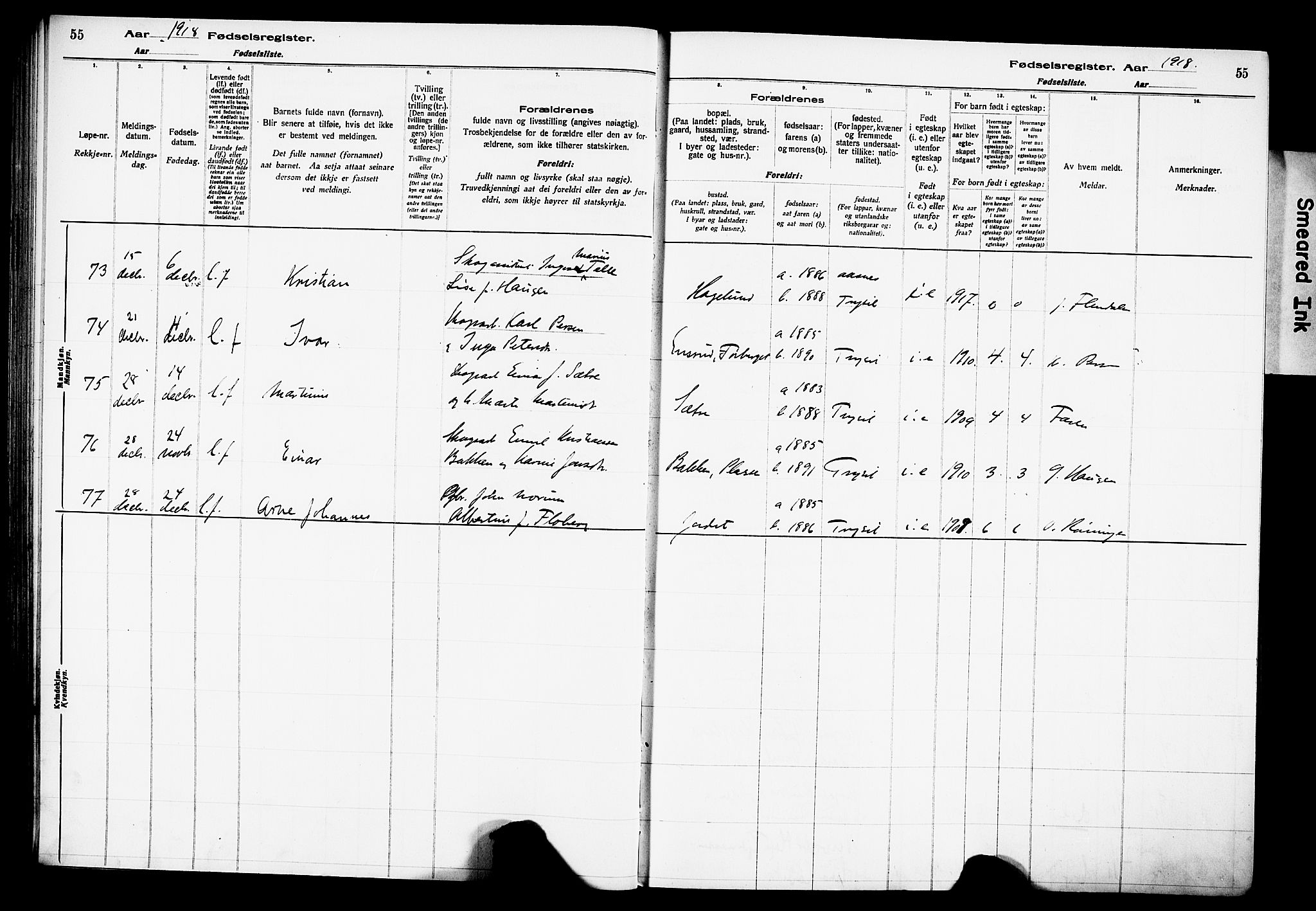 Trysil prestekontor, AV/SAH-PREST-046/I/Id/Ida/L0001: Fødselsregister nr. I 1, 1916-1927, s. 55