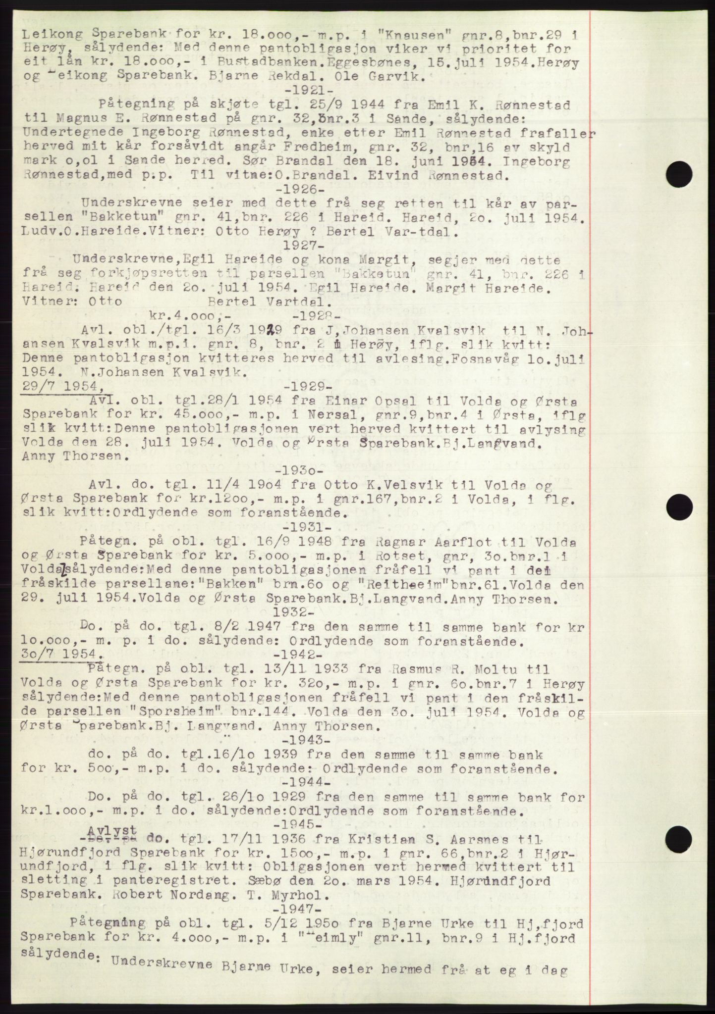 Søre Sunnmøre sorenskriveri, AV/SAT-A-4122/1/2/2C/L0072: Pantebok nr. 66, 1941-1955, Dagboknr: 1921/1954