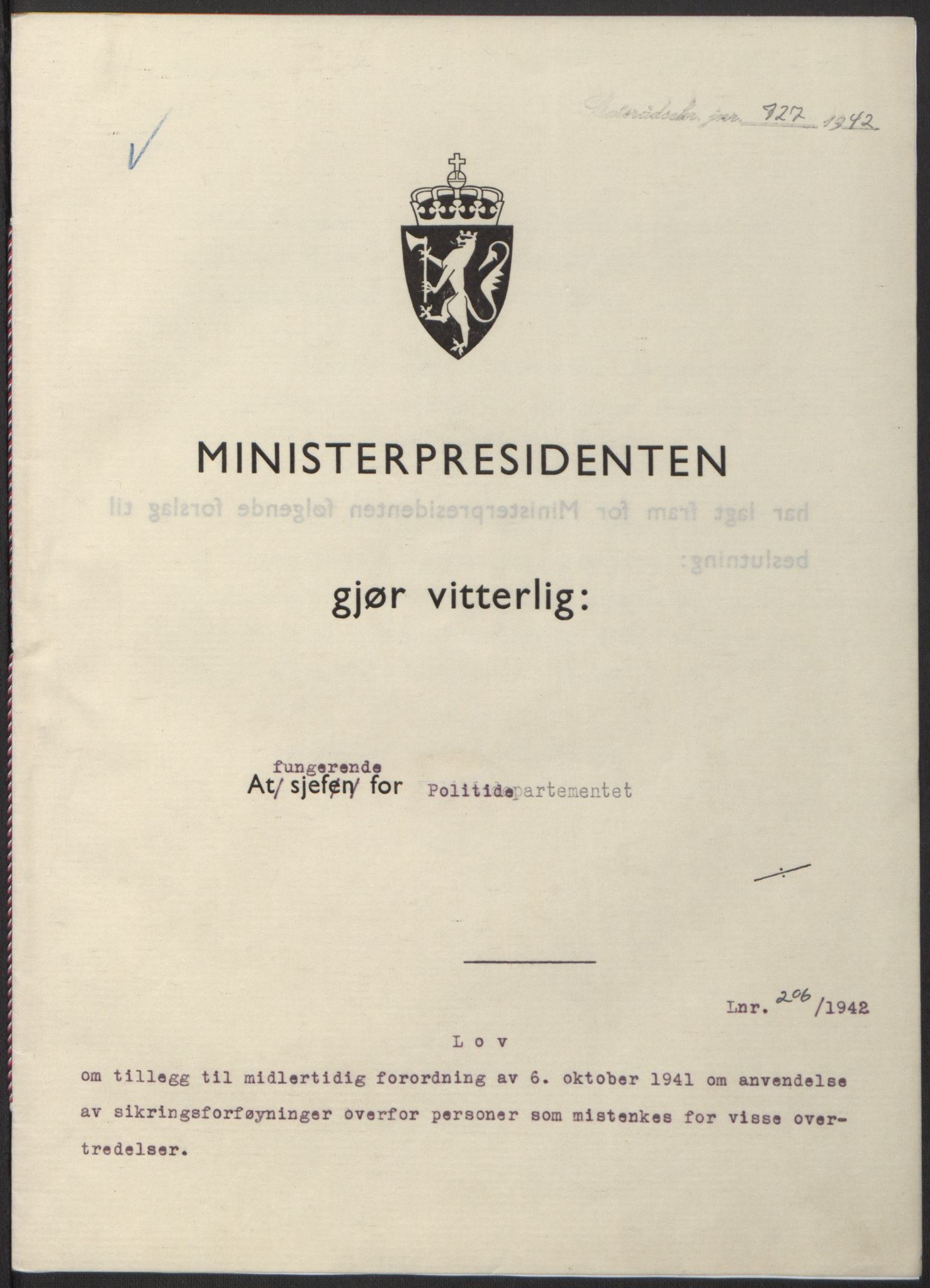 NS-administrasjonen 1940-1945 (Statsrådsekretariatet, de kommisariske statsråder mm), AV/RA-S-4279/D/Db/L0098: Lover II, 1942, s. 448