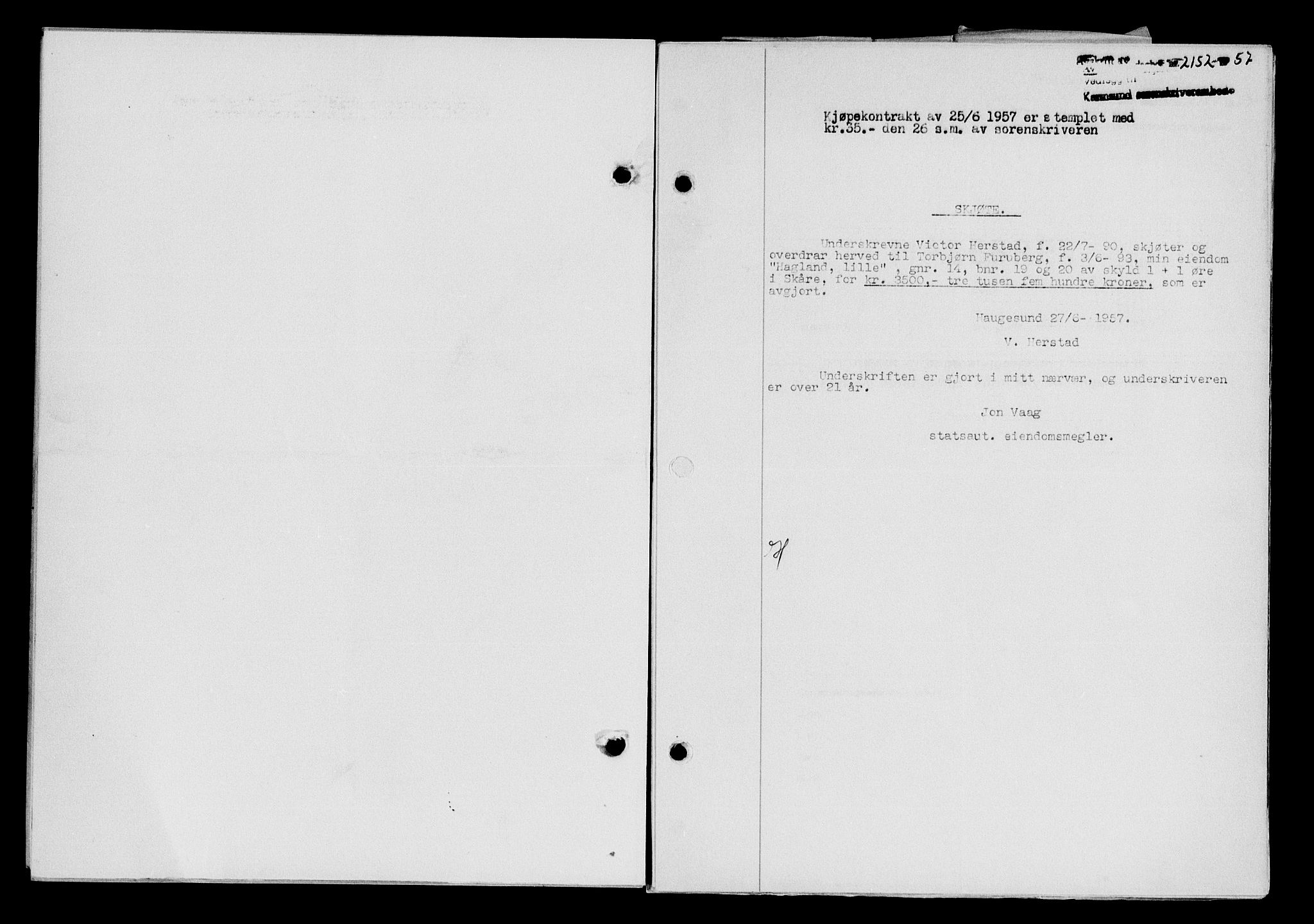Karmsund sorenskriveri, SAST/A-100311/01/II/IIB/L0125: Pantebok nr. 105A, 1957-1957, Dagboknr: 2152/1957