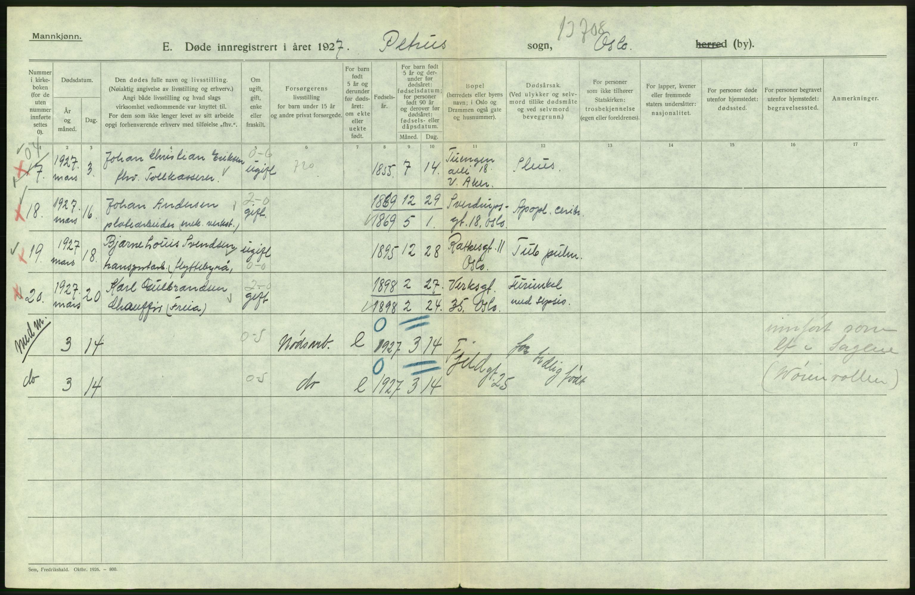 Statistisk sentralbyrå, Sosiodemografiske emner, Befolkning, RA/S-2228/D/Df/Dfc/Dfcg/L0009: Oslo: Døde menn, 1927, s. 326