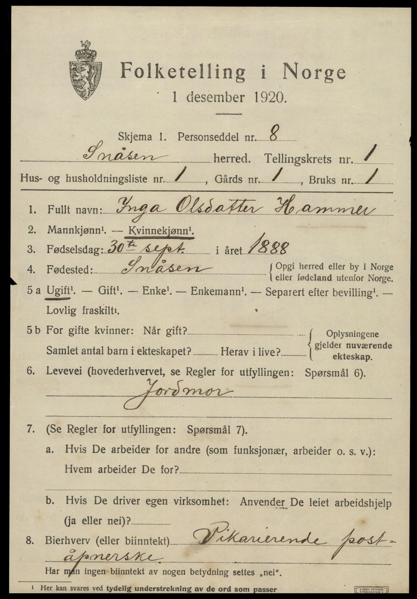 SAT, Folketelling 1920 for 1736 Snåsa herred, 1920, s. 1056