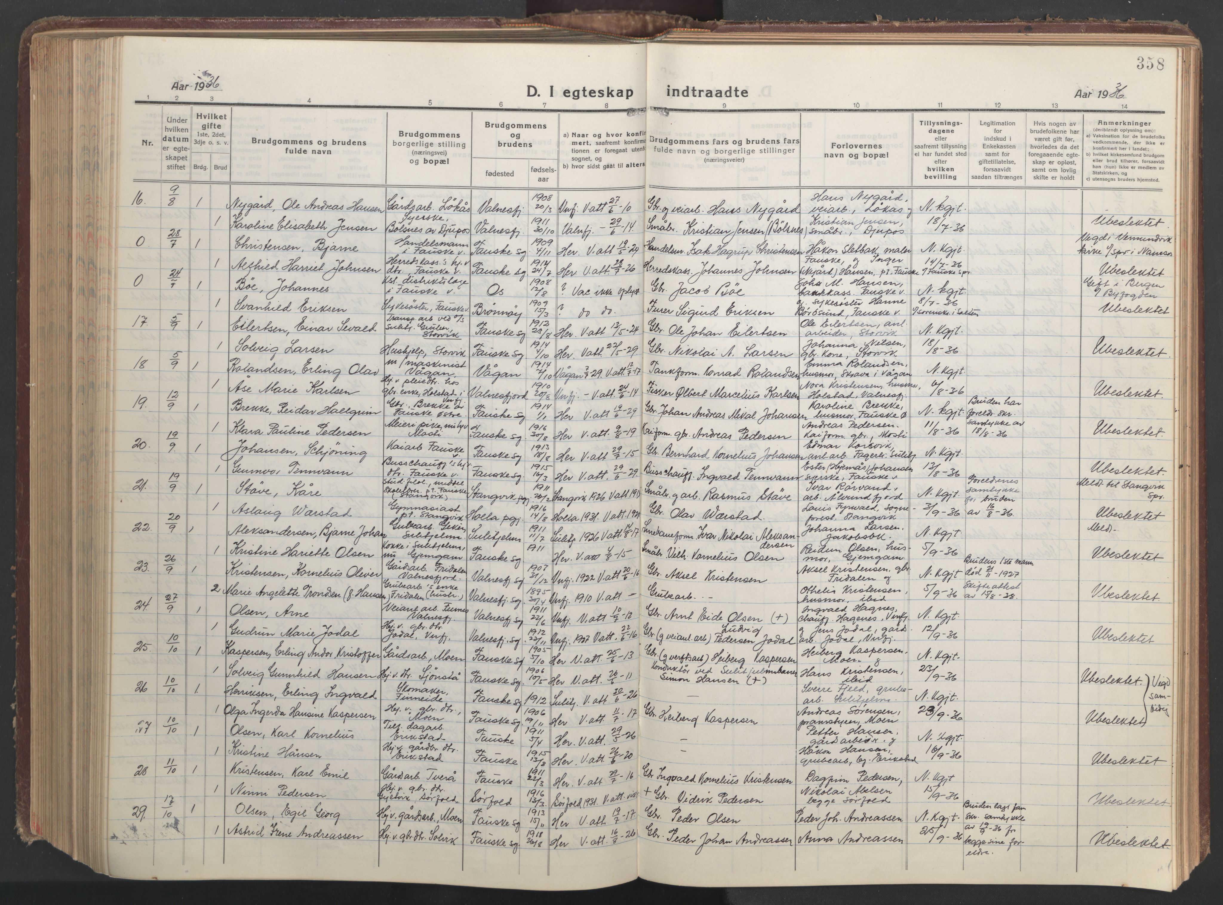 Ministerialprotokoller, klokkerbøker og fødselsregistre - Nordland, AV/SAT-A-1459/849/L0700: Klokkerbok nr. 849C01, 1919-1946, s. 358