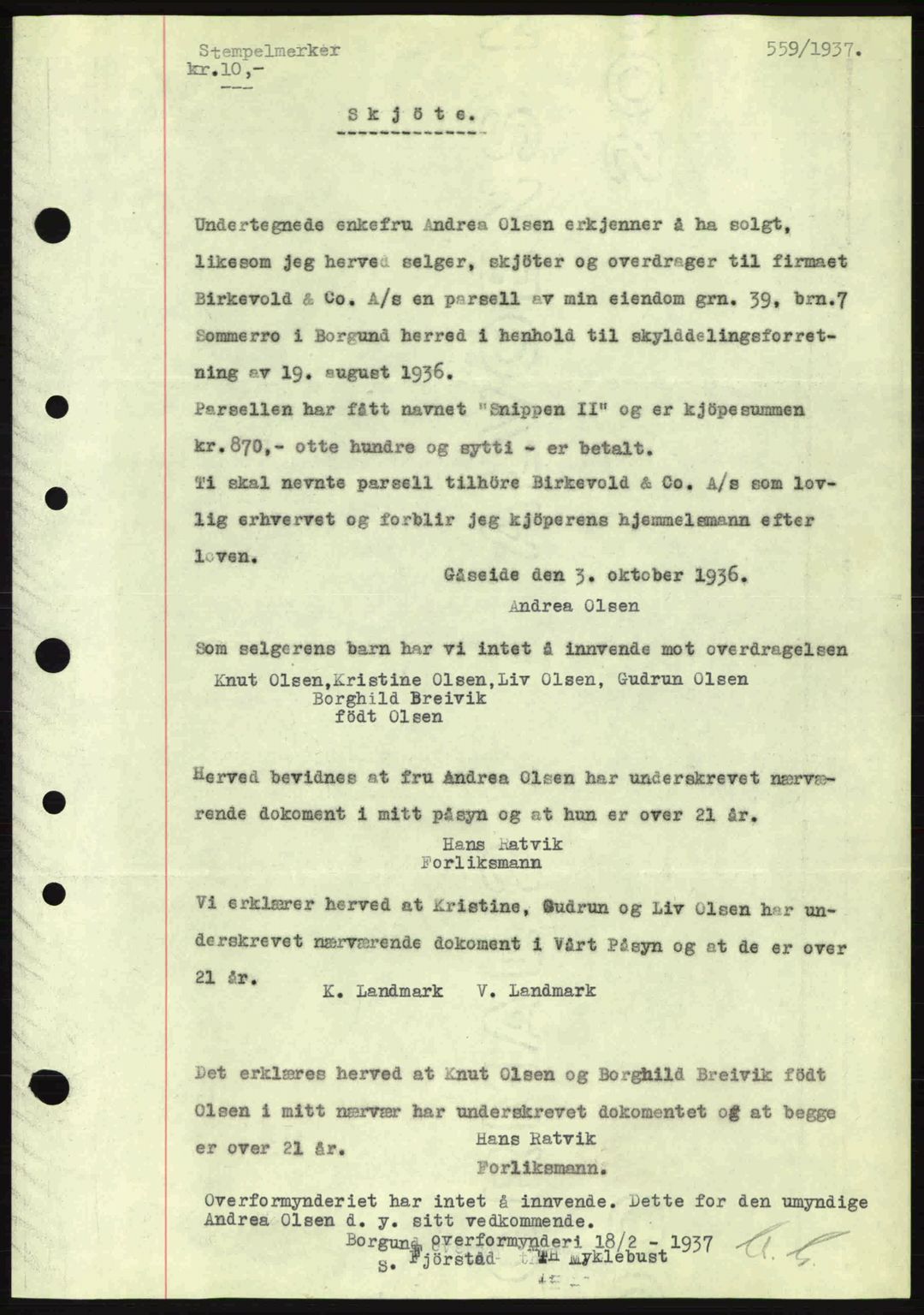 Nordre Sunnmøre sorenskriveri, SAT/A-0006/1/2/2C/2Ca: Pantebok nr. A2, 1936-1937, Dagboknr: 559/1937