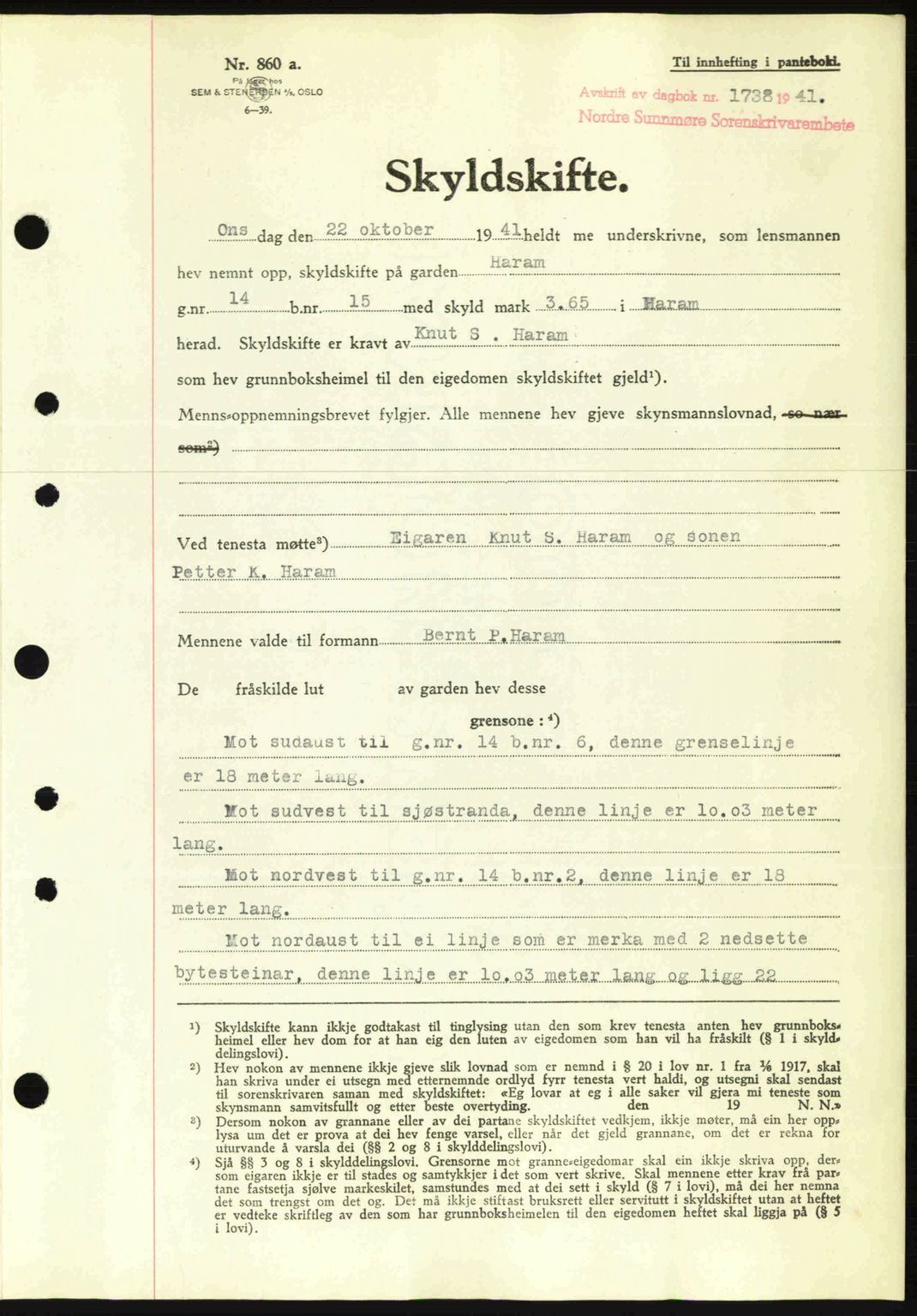 Nordre Sunnmøre sorenskriveri, AV/SAT-A-0006/1/2/2C/2Ca: Pantebok nr. A12, 1941-1942, Dagboknr: 1738/1941