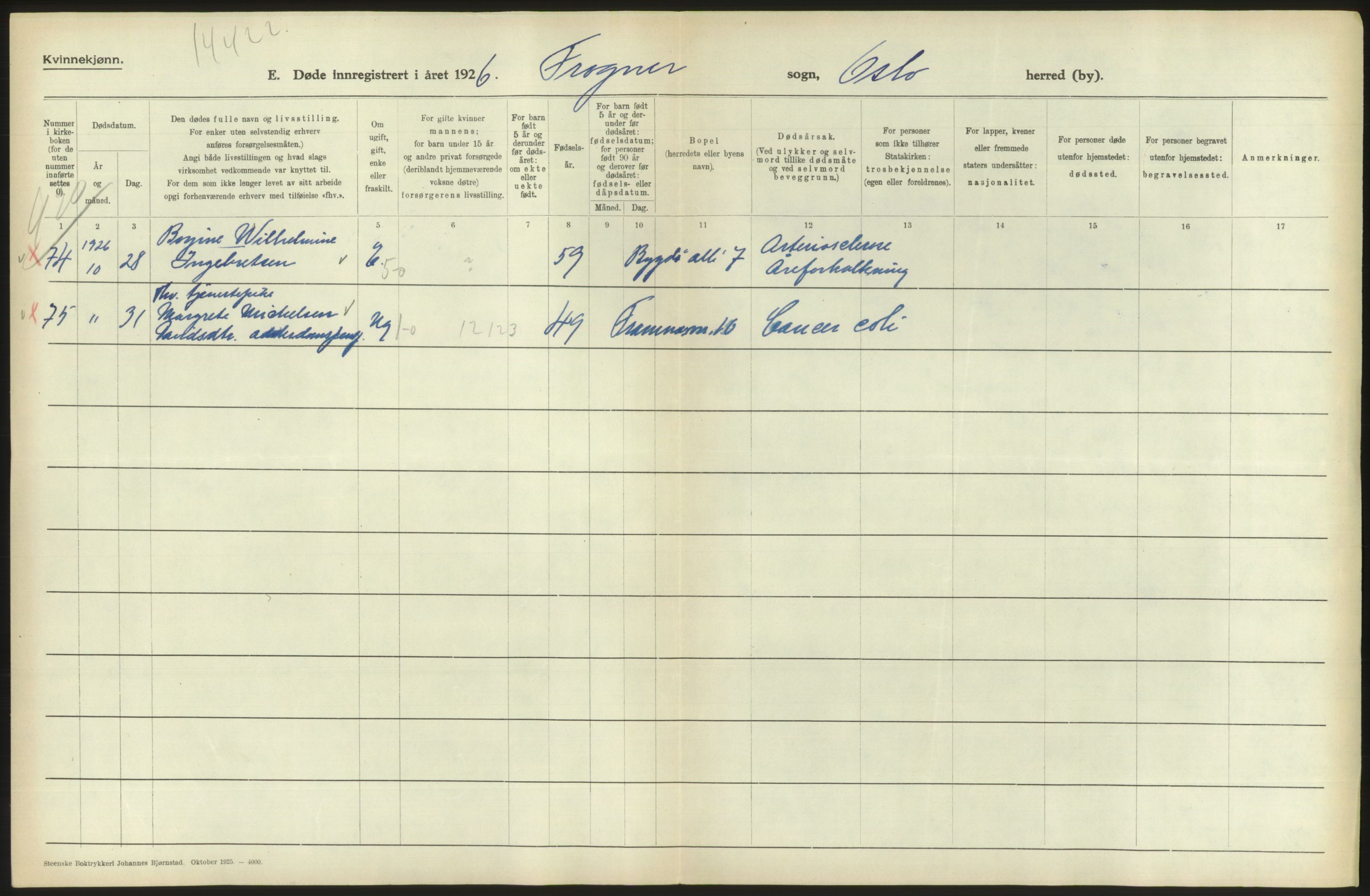 Statistisk sentralbyrå, Sosiodemografiske emner, Befolkning, AV/RA-S-2228/D/Df/Dfc/Dfcf/L0010: Oslo: Døde kvinner, dødfødte, 1926, s. 128