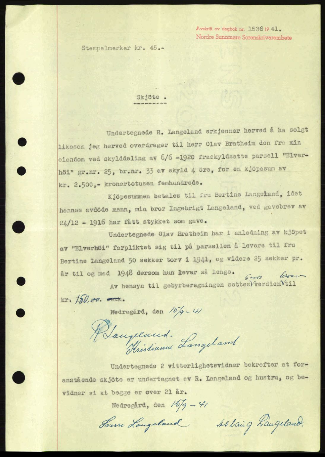 Nordre Sunnmøre sorenskriveri, SAT/A-0006/1/2/2C/2Ca: Pantebok nr. A11, 1941-1941, Dagboknr: 1536/1941