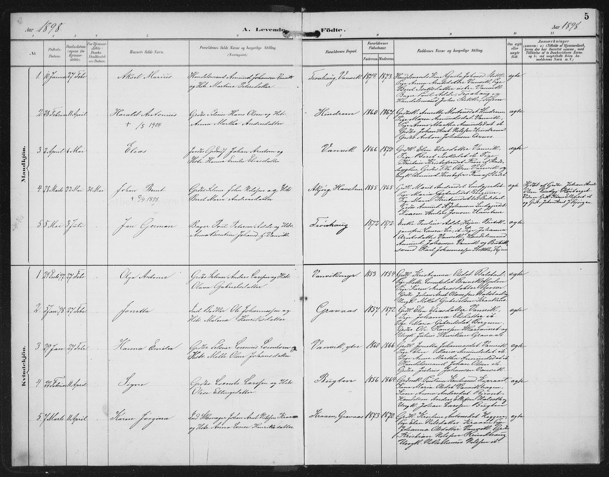 Ministerialprotokoller, klokkerbøker og fødselsregistre - Nord-Trøndelag, AV/SAT-A-1458/702/L0024: Ministerialbok nr. 702A02, 1898-1914, s. 5