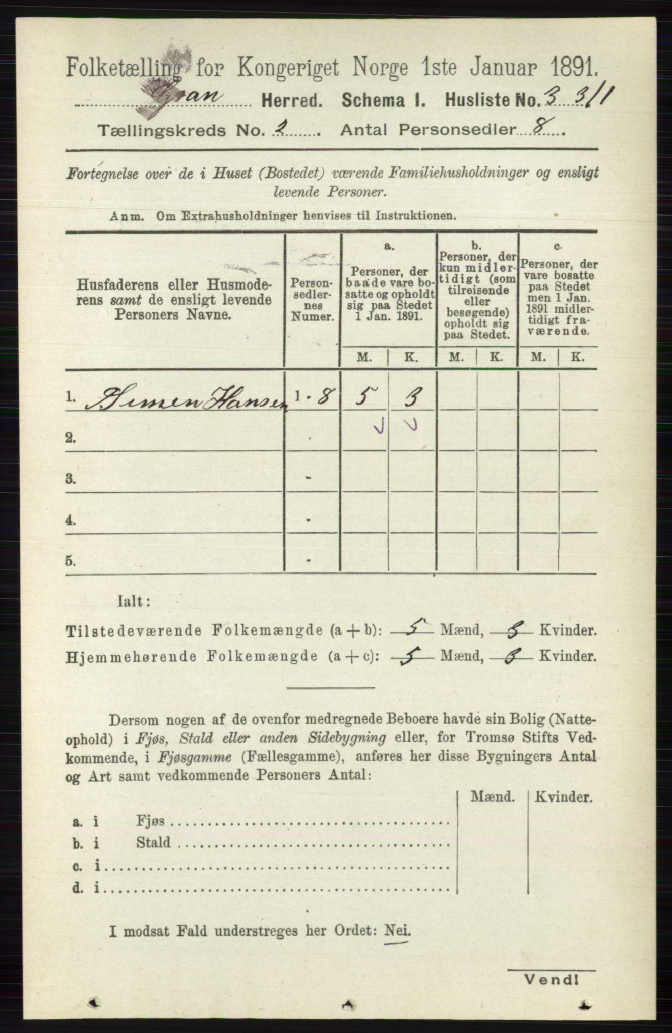 RA, Folketelling 1891 for 0534 Gran herred, 1891, s. 282