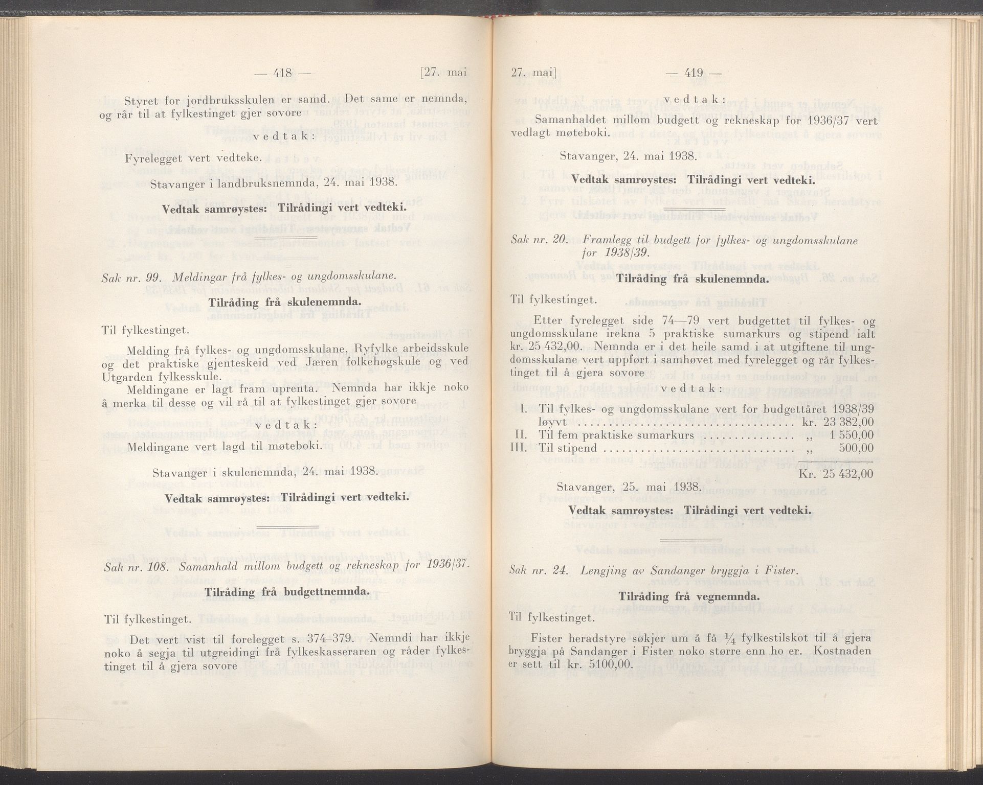 Rogaland fylkeskommune - Fylkesrådmannen , IKAR/A-900/A/Aa/Aaa/L0057: Møtebok , 1938, s. 418-419