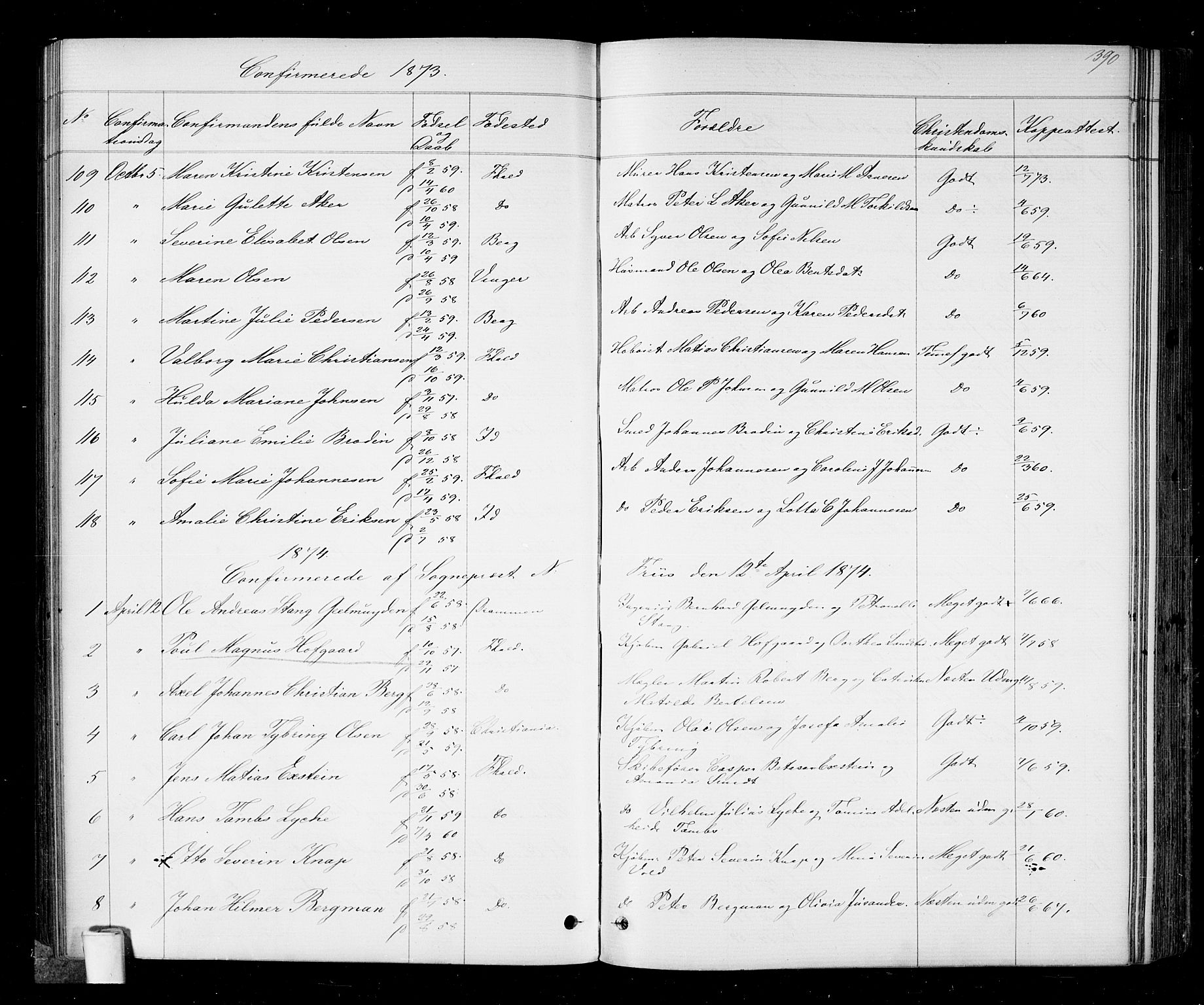 Halden prestekontor Kirkebøker, AV/SAO-A-10909/G/Ga/L0006: Klokkerbok nr. 6, 1869-1884, s. 390