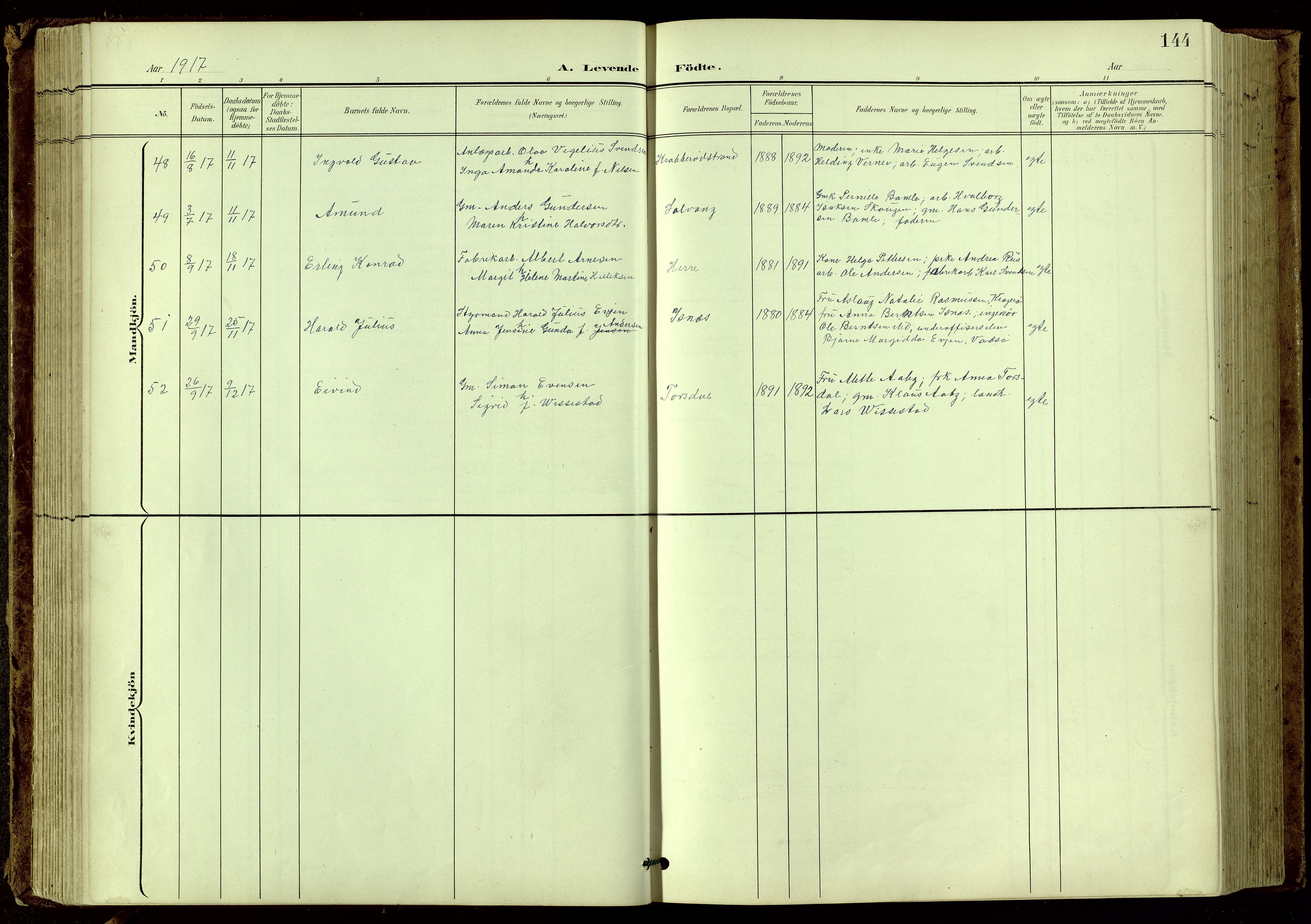 Bamble kirkebøker, SAKO/A-253/G/Ga/L0010: Klokkerbok nr. I 10, 1901-1919, s. 144