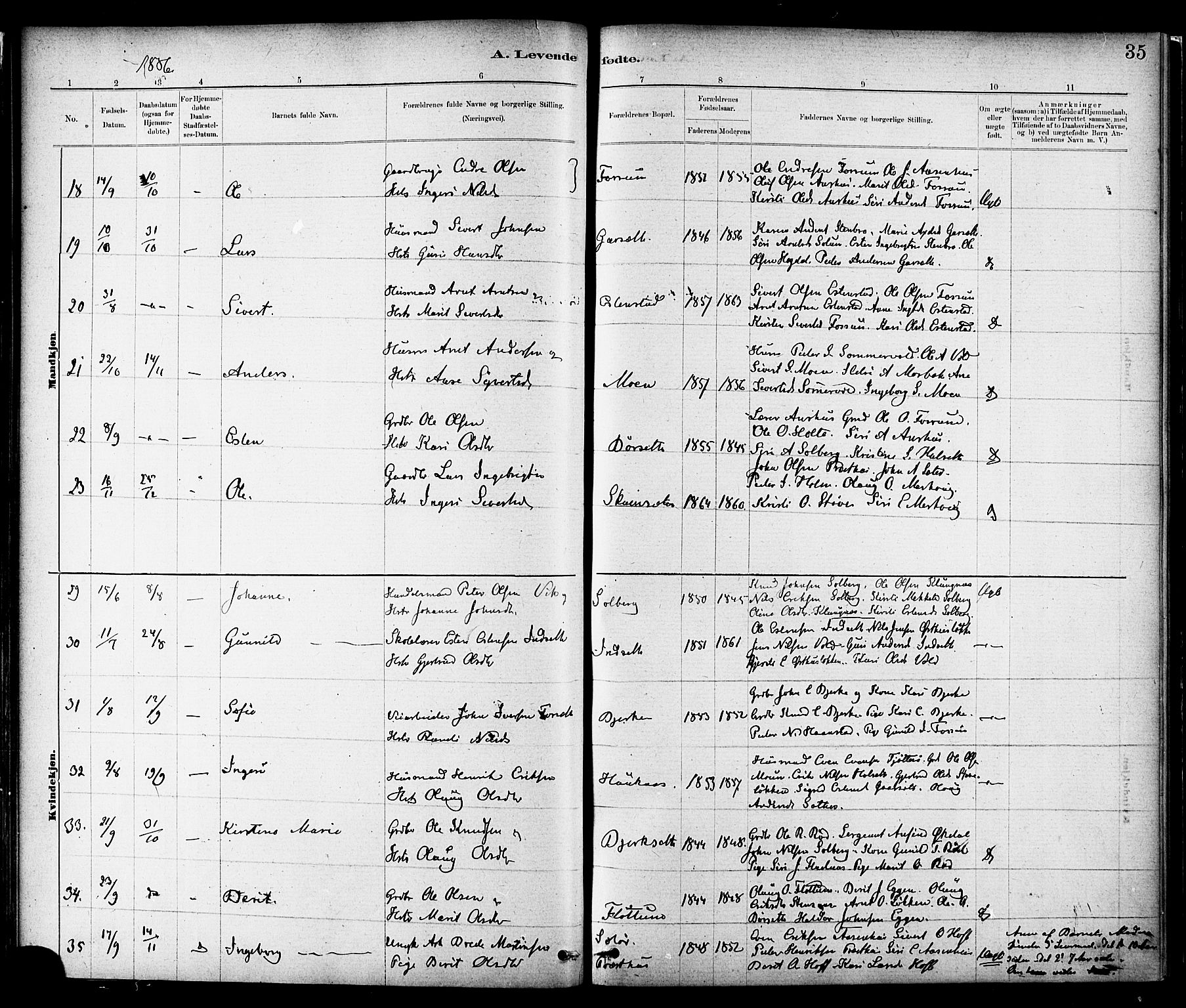 Ministerialprotokoller, klokkerbøker og fødselsregistre - Sør-Trøndelag, AV/SAT-A-1456/689/L1040: Ministerialbok nr. 689A05, 1878-1890, s. 35