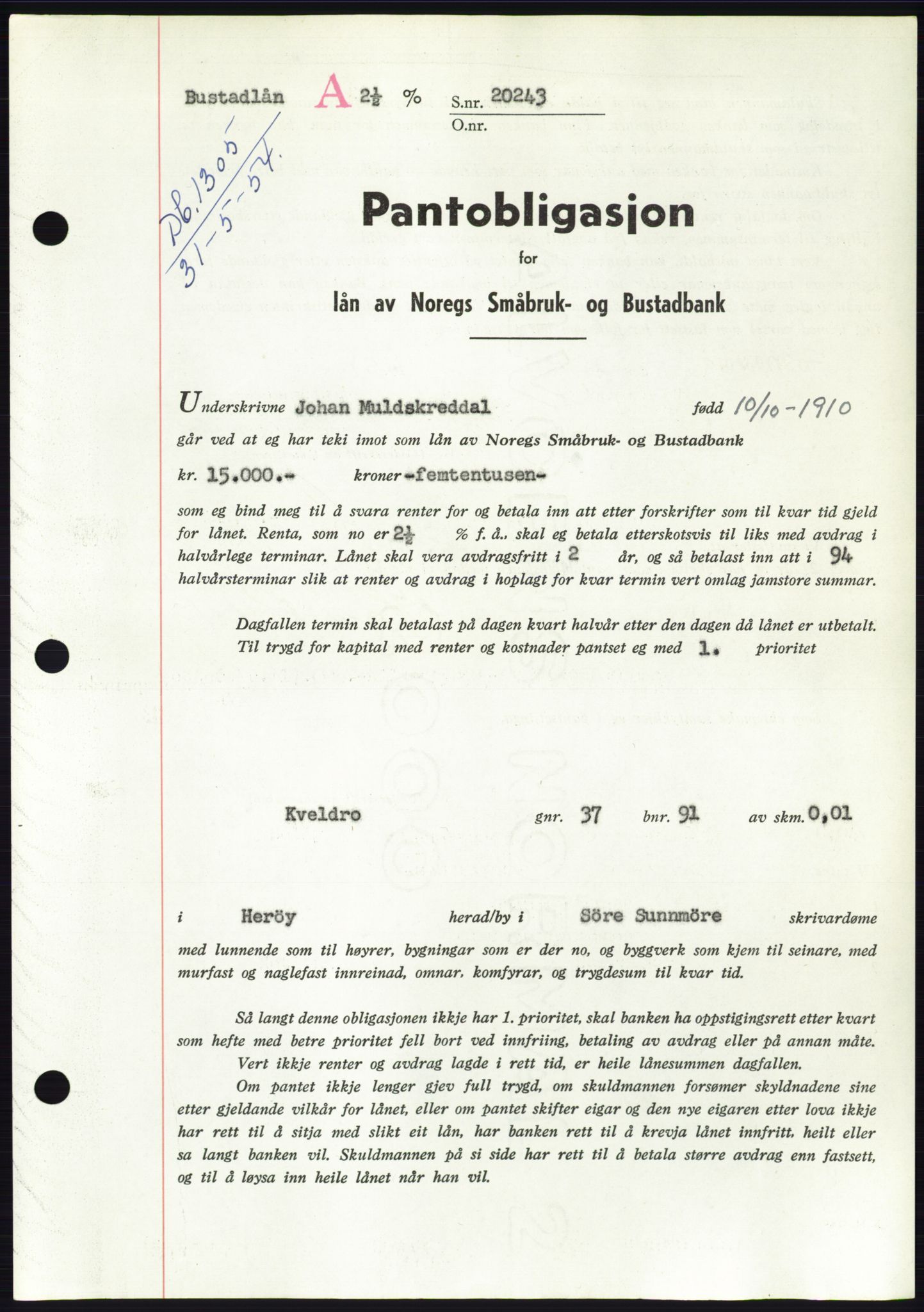 Søre Sunnmøre sorenskriveri, SAT/A-4122/1/2/2C/L0125: Pantebok nr. 13B, 1954-1954, Dagboknr: 1305/1954