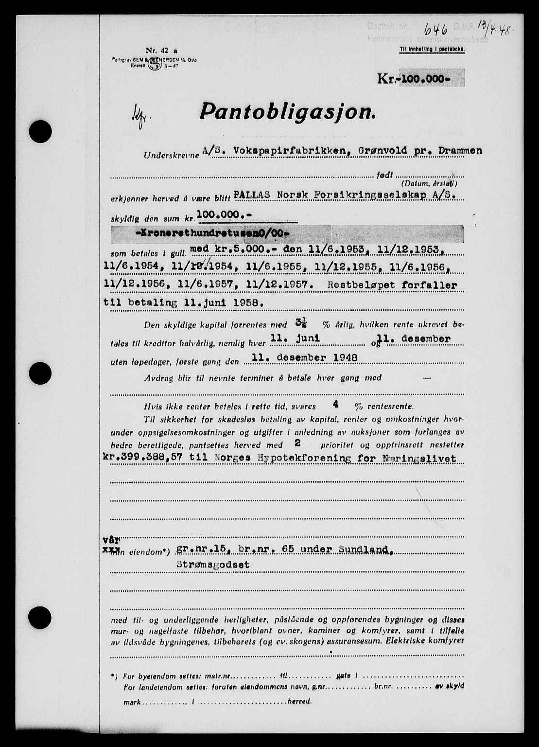 Holmestrand sorenskriveri, SAKO/A-67/G/Ga/Gab/L0058: Pantebok nr. B-58, 1947-1948, Dagboknr: 646/1948