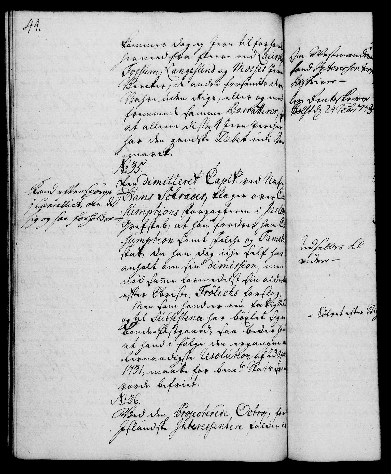 Rentekammeret, Kammerkanselliet, RA/EA-3111/G/Gh/Gha/L0015: Norsk ekstraktmemorialprotokoll (merket RK 53.60), 1733, s. 44
