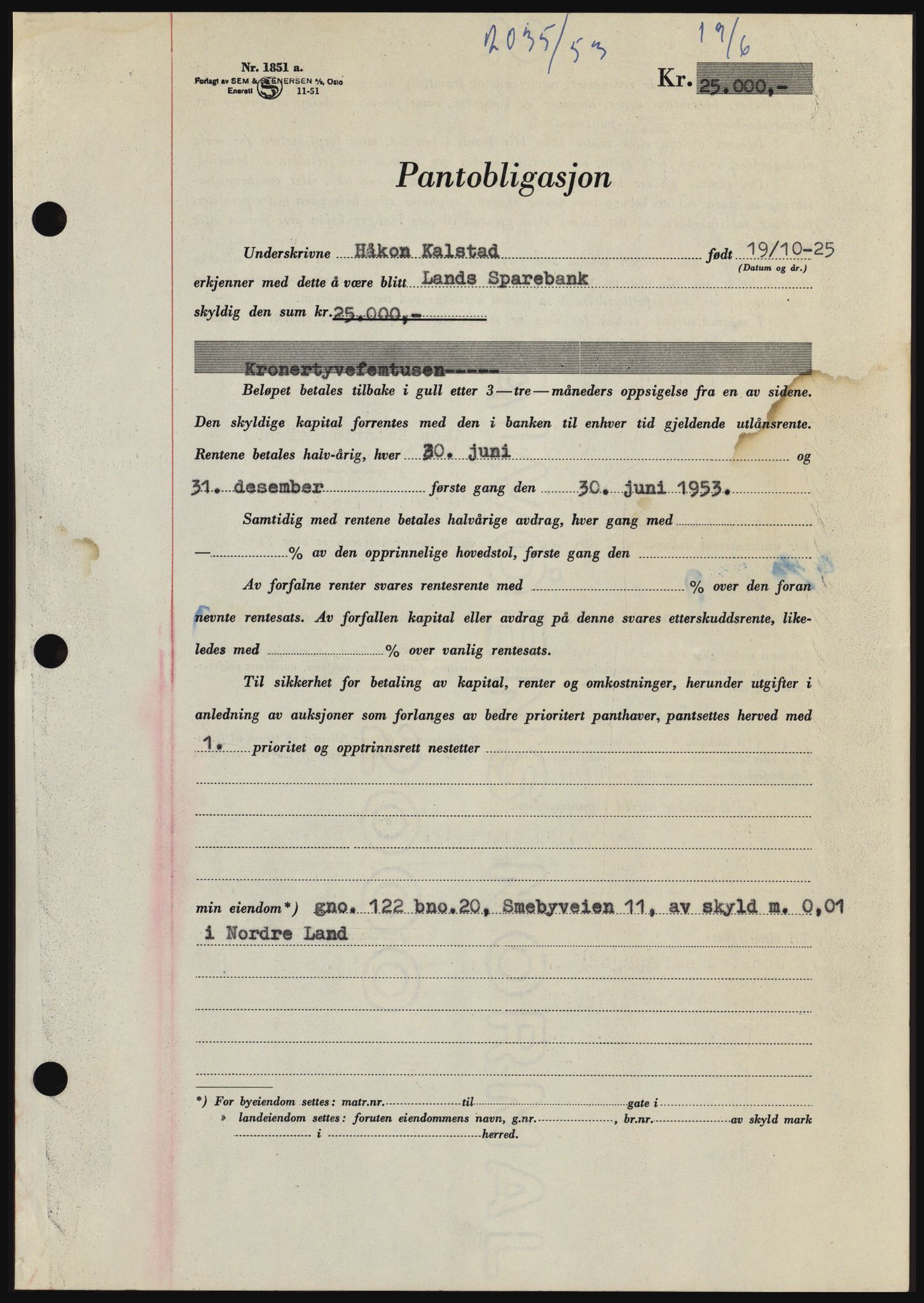 Hadeland og Land tingrett, SAH/TING-010/H/Hb/Hbc/L0027: Pantebok nr. B27, 1953-1953, Dagboknr: 2035/1953