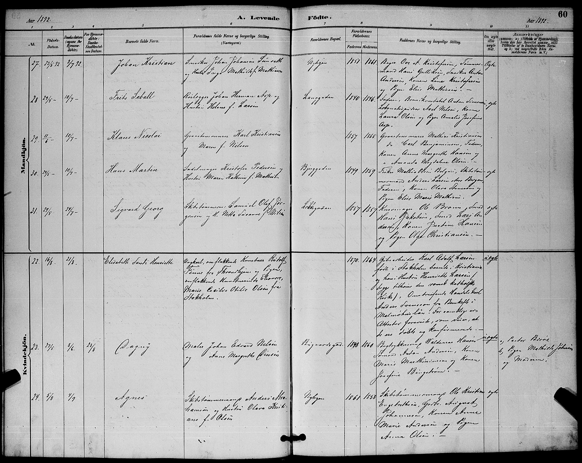 Sandefjord kirkebøker, AV/SAKO-A-315/G/Ga/L0001: Klokkerbok nr. 1, 1885-1903, s. 60