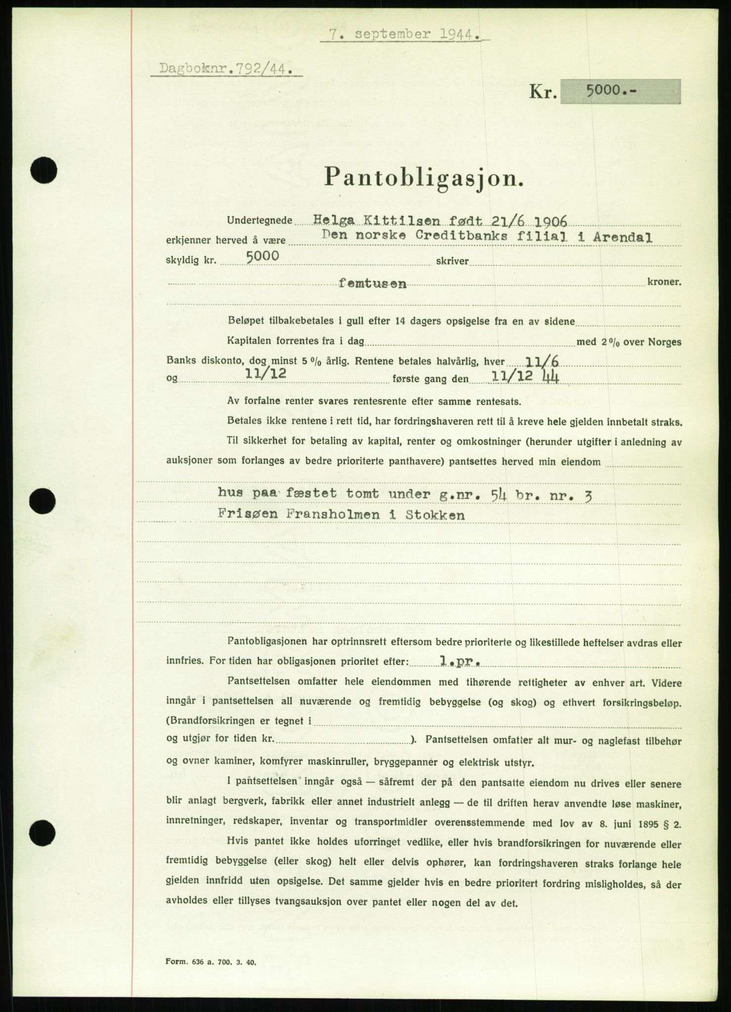 Nedenes sorenskriveri, SAK/1221-0006/G/Gb/Gbb/L0002: Pantebok nr. II, 1942-1945, Dagboknr: 792/1944