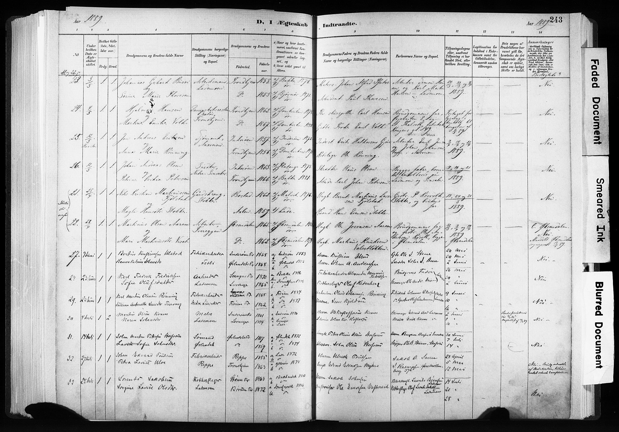 Ministerialprotokoller, klokkerbøker og fødselsregistre - Sør-Trøndelag, SAT/A-1456/606/L0300: Ministerialbok nr. 606A15, 1886-1893, s. 243