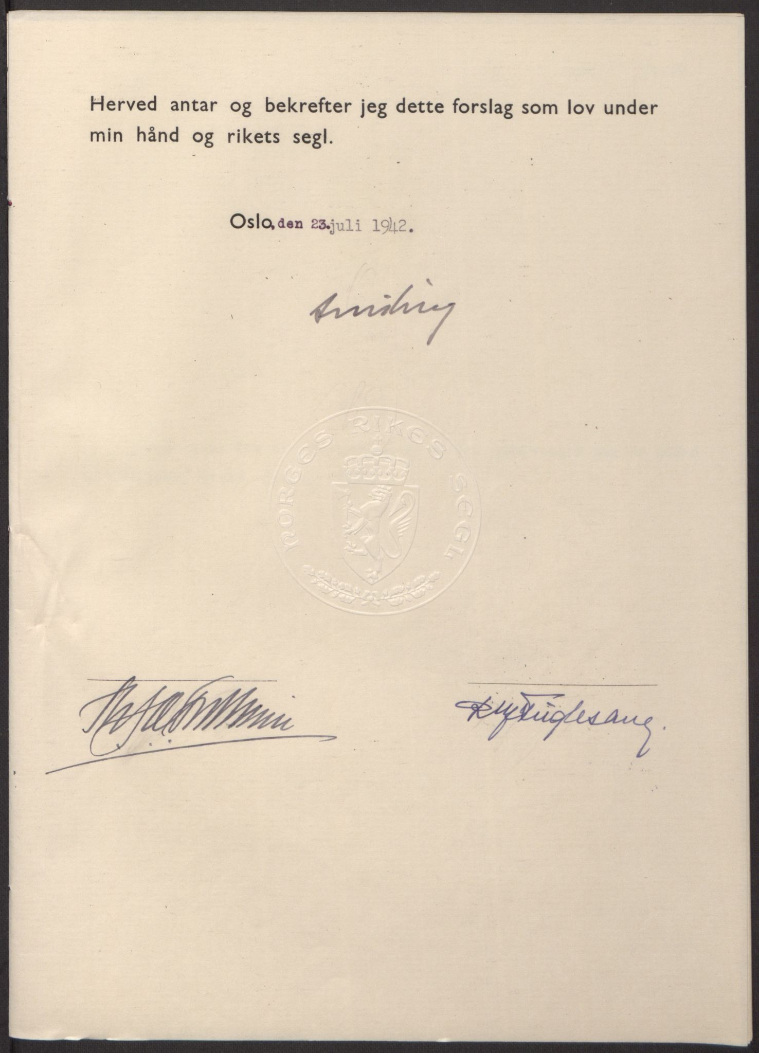 NS-administrasjonen 1940-1945 (Statsrådsekretariatet, de kommisariske statsråder mm), RA/S-4279/D/Db/L0098: Lover II, 1942, s. 224