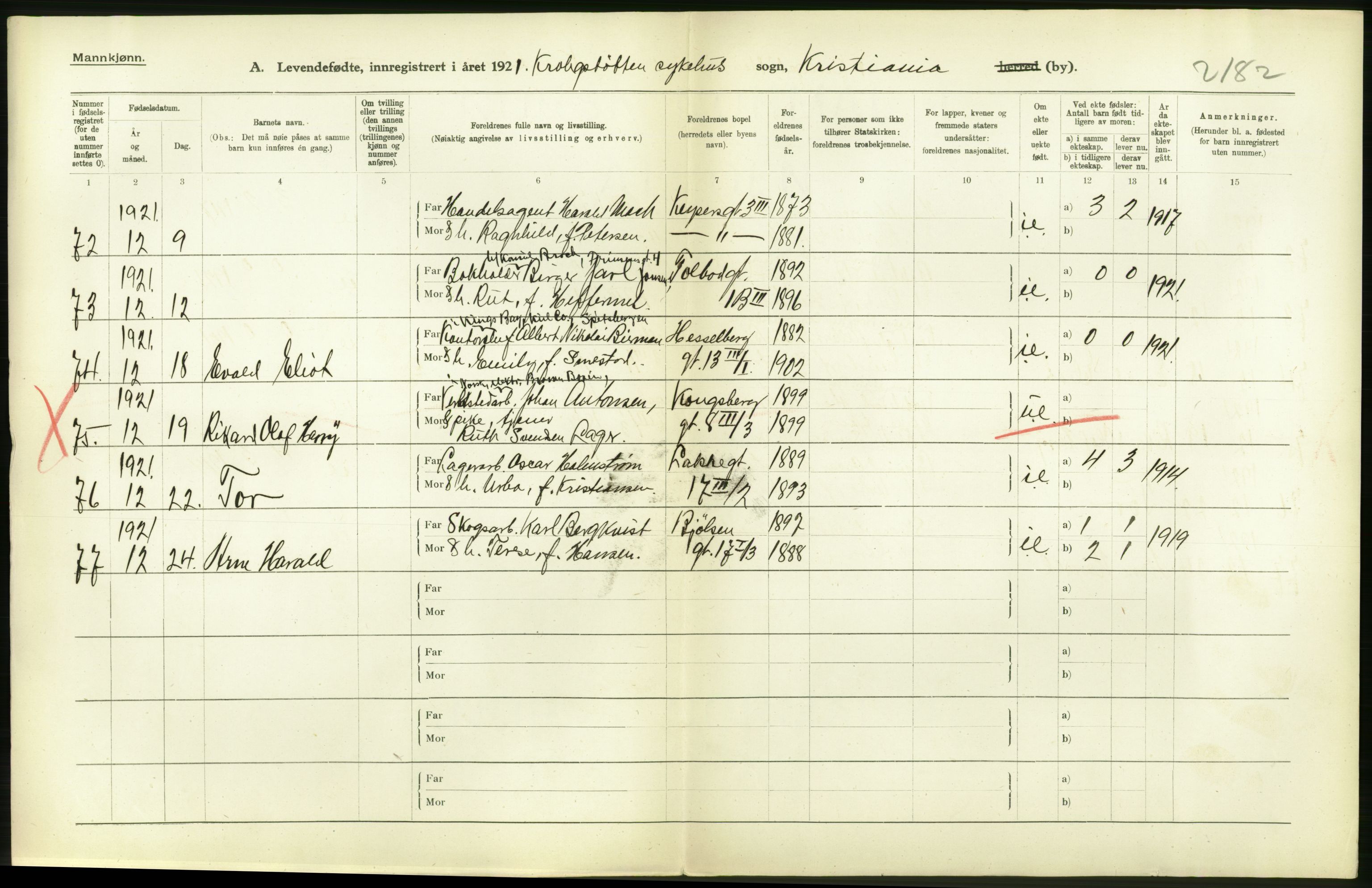 Statistisk sentralbyrå, Sosiodemografiske emner, Befolkning, AV/RA-S-2228/D/Df/Dfc/Dfca/L0009: Kristiania: Levendefødte menn og kvinner., 1921, s. 16