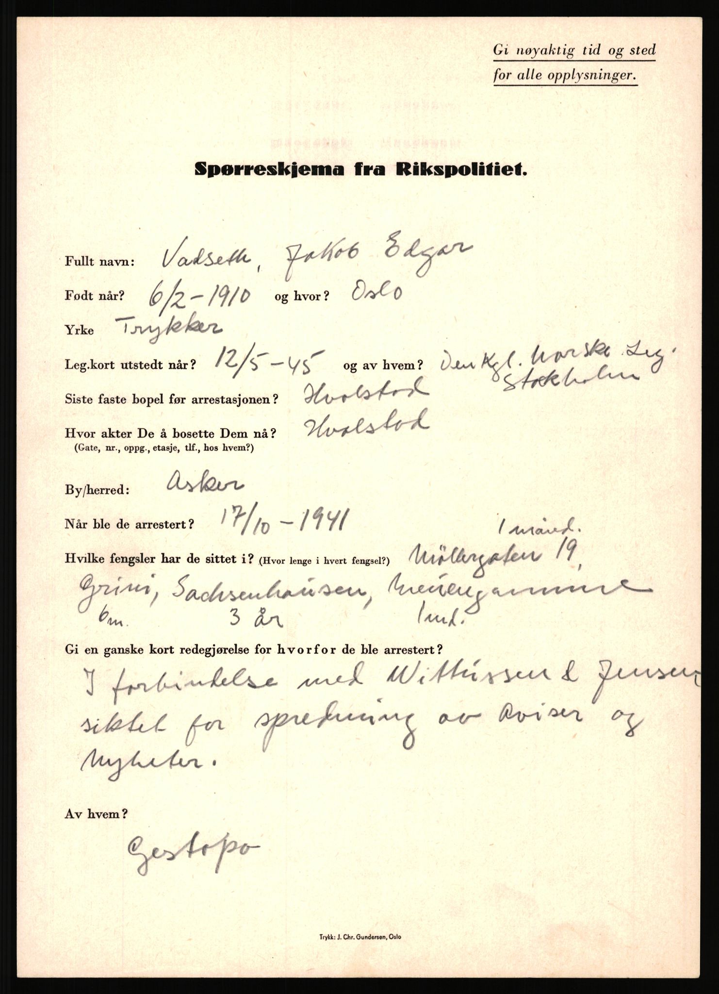 Rikspolitisjefen, AV/RA-S-1560/L/L0017: Tidemann, Hermann G. - Veum, Tjostolv, 1940-1945, s. 796