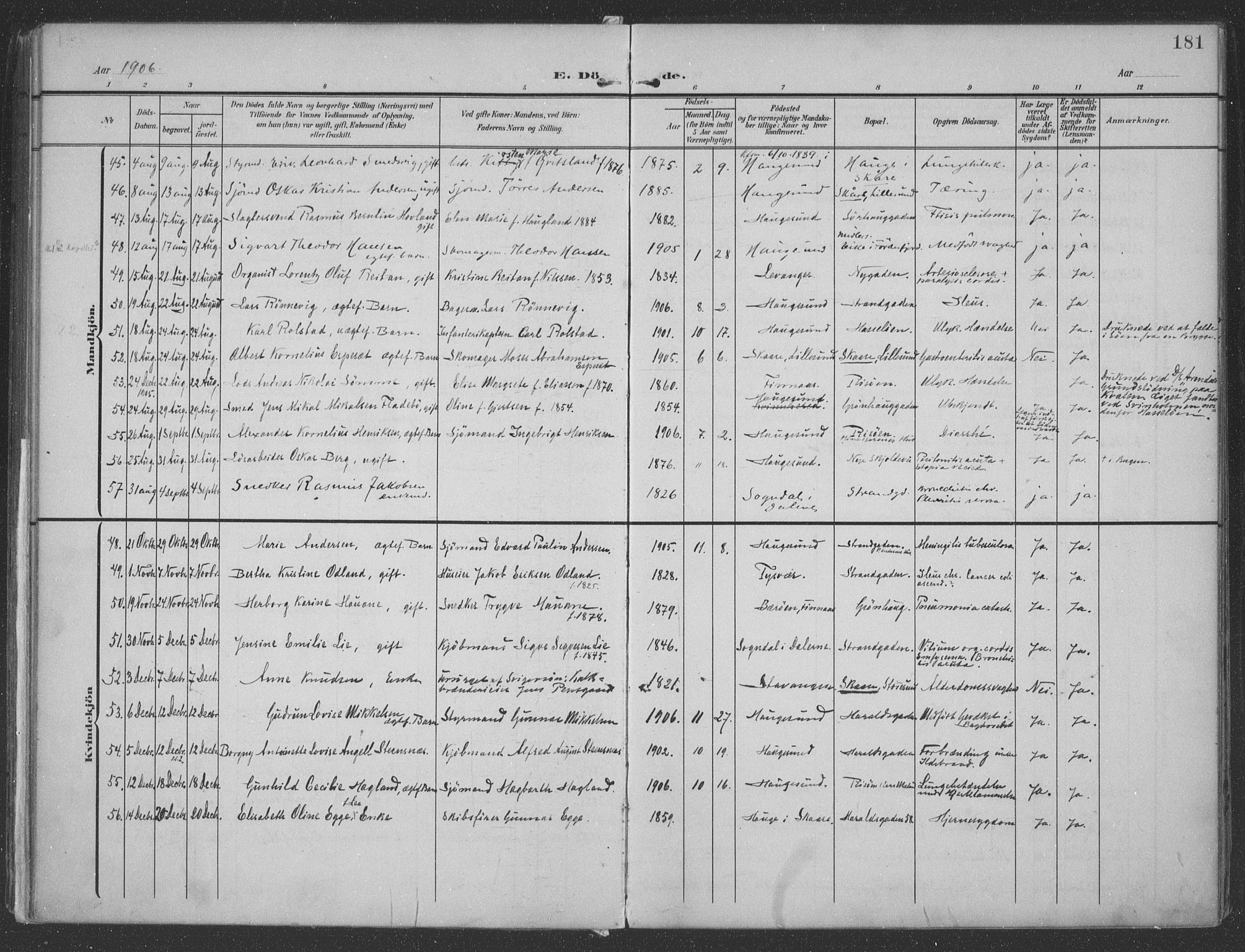 Haugesund sokneprestkontor, AV/SAST-A -101863/H/Ha/Haa/L0007: Ministerialbok nr. A 7, 1904-1916, s. 181