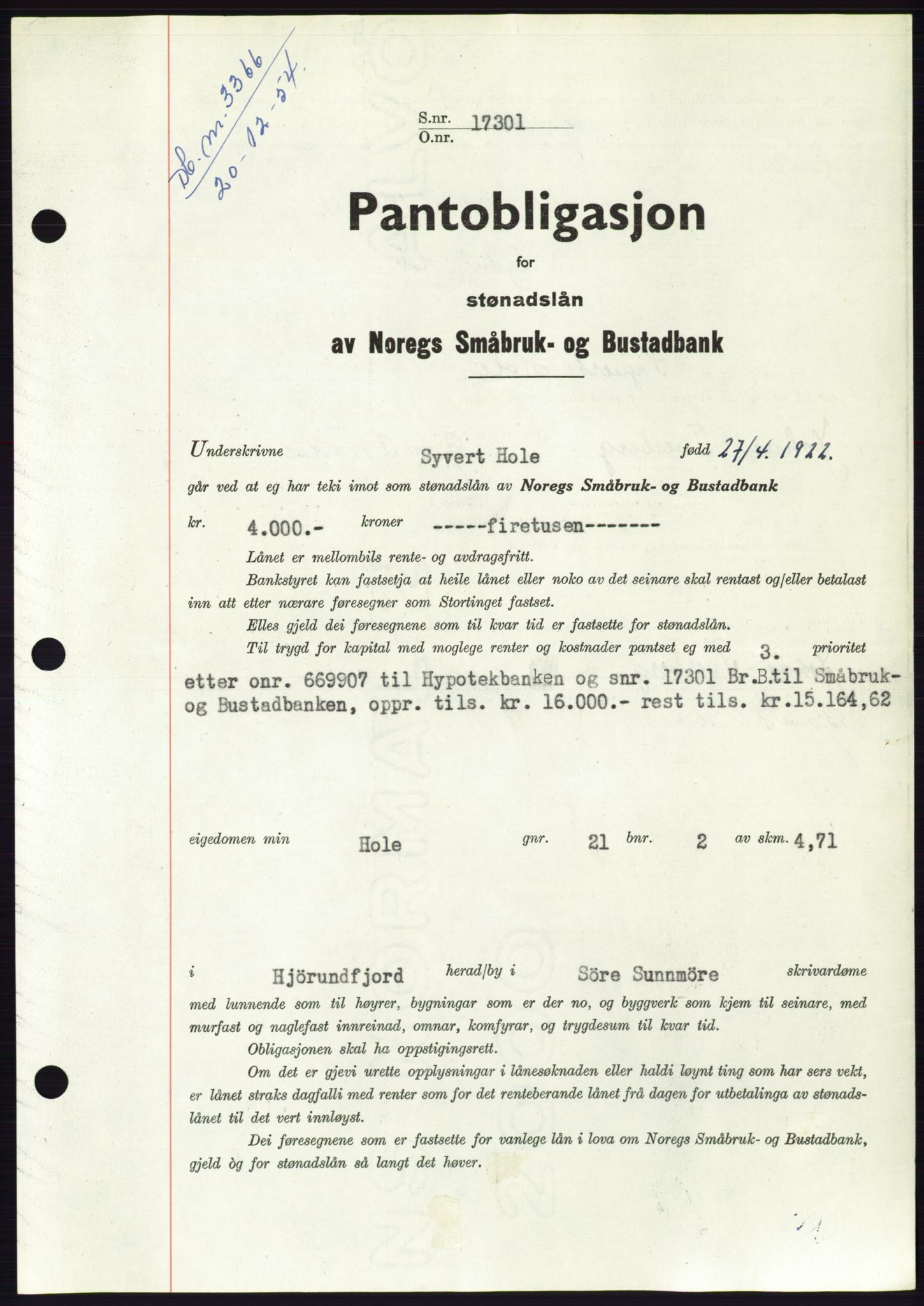 Søre Sunnmøre sorenskriveri, AV/SAT-A-4122/1/2/2C/L0126: Pantebok nr. 14B, 1954-1955, Dagboknr: 3366/1954