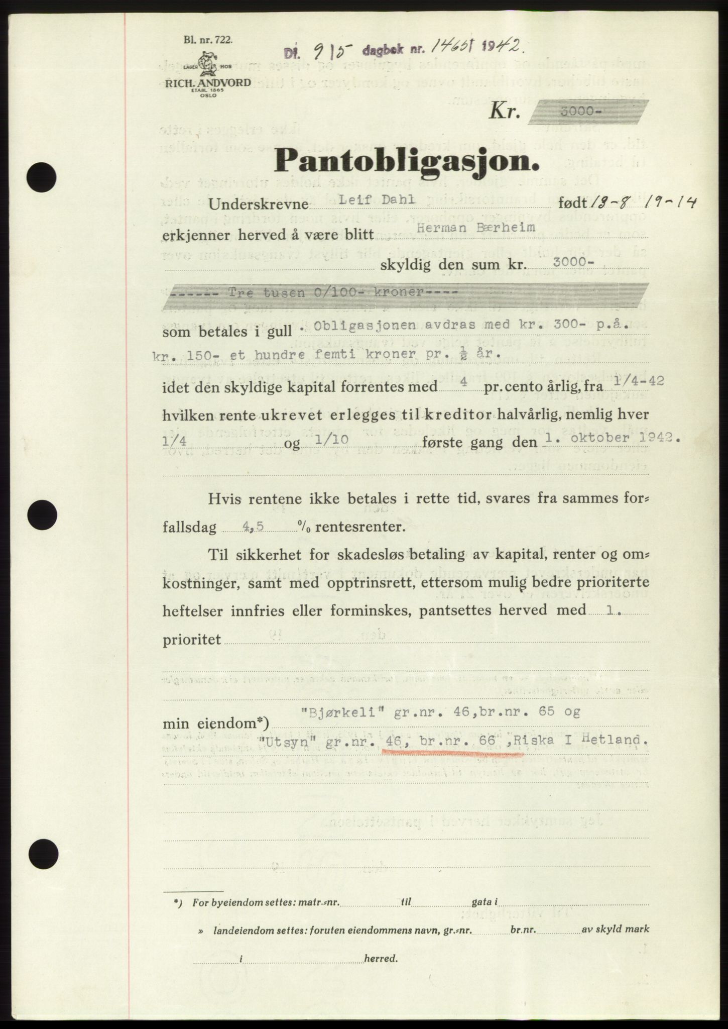 Jæren sorenskriveri, SAST/A-100310/03/G/Gba/L0082: Pantebok, 1942-1942, Dagboknr: 1465/1942