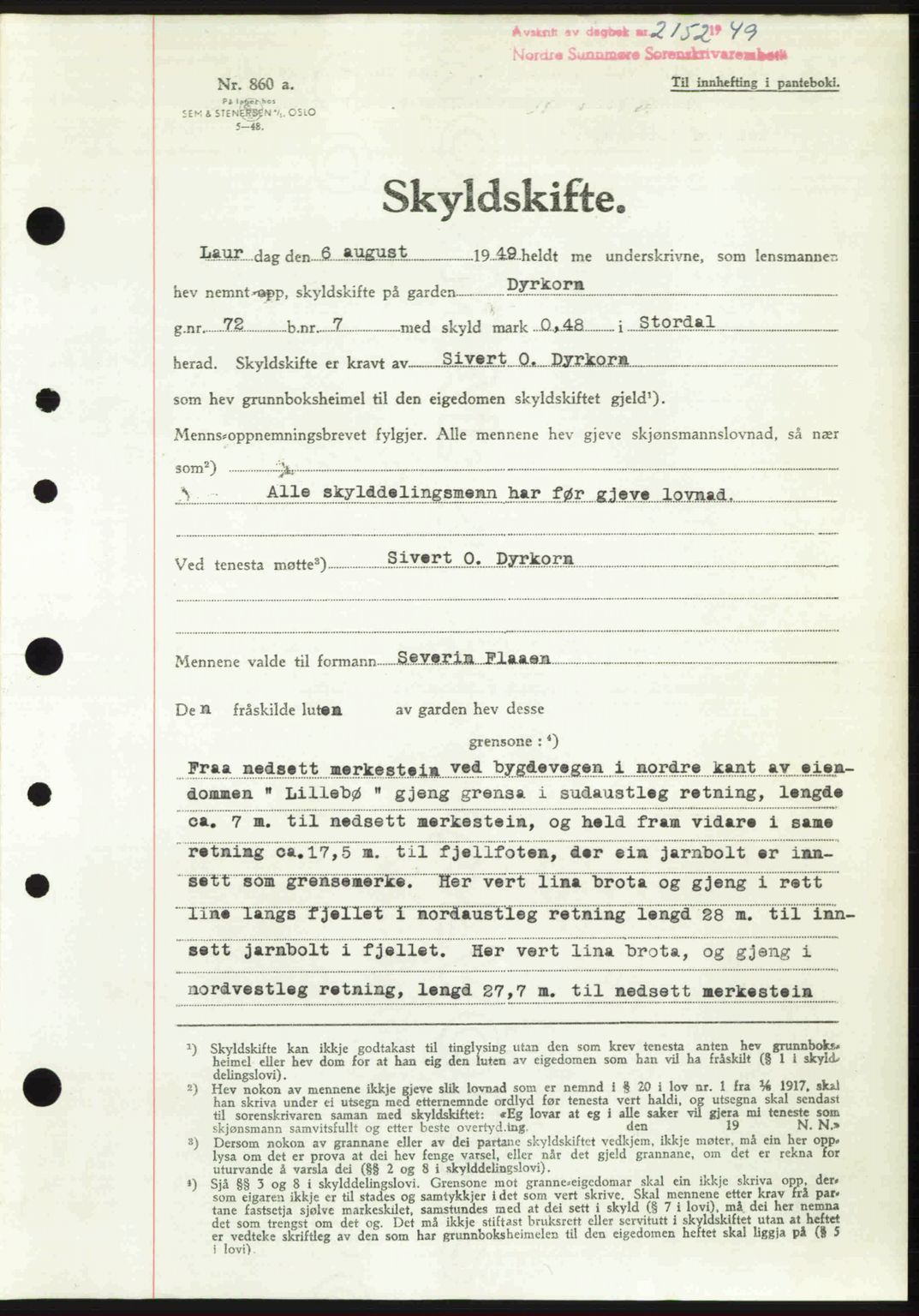 Nordre Sunnmøre sorenskriveri, SAT/A-0006/1/2/2C/2Ca: Pantebok nr. A32, 1949-1949, Dagboknr: 2152/1949