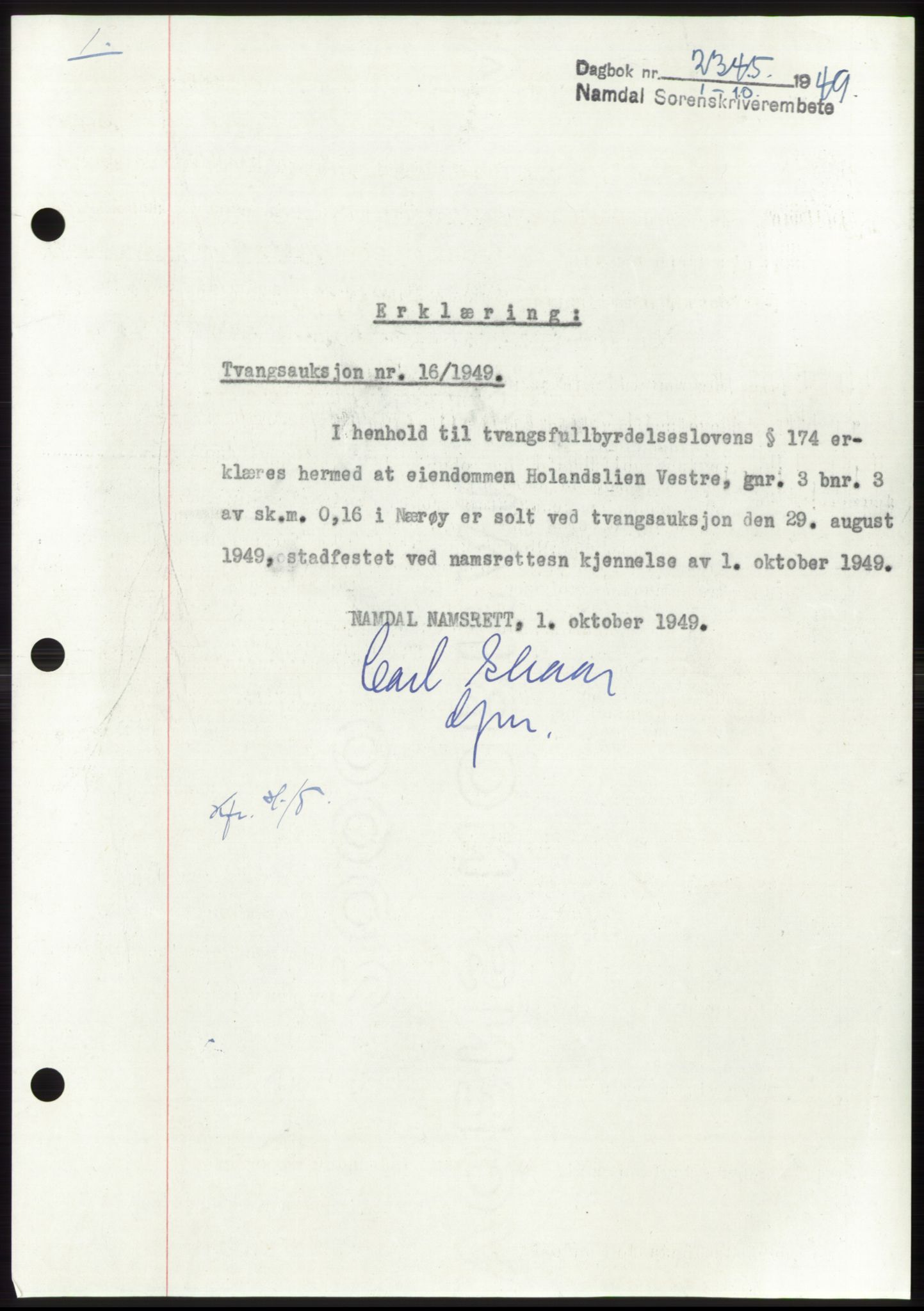 Namdal sorenskriveri, SAT/A-4133/1/2/2C: Pantebok nr. -, 1949-1949, Dagboknr: 2345/1949