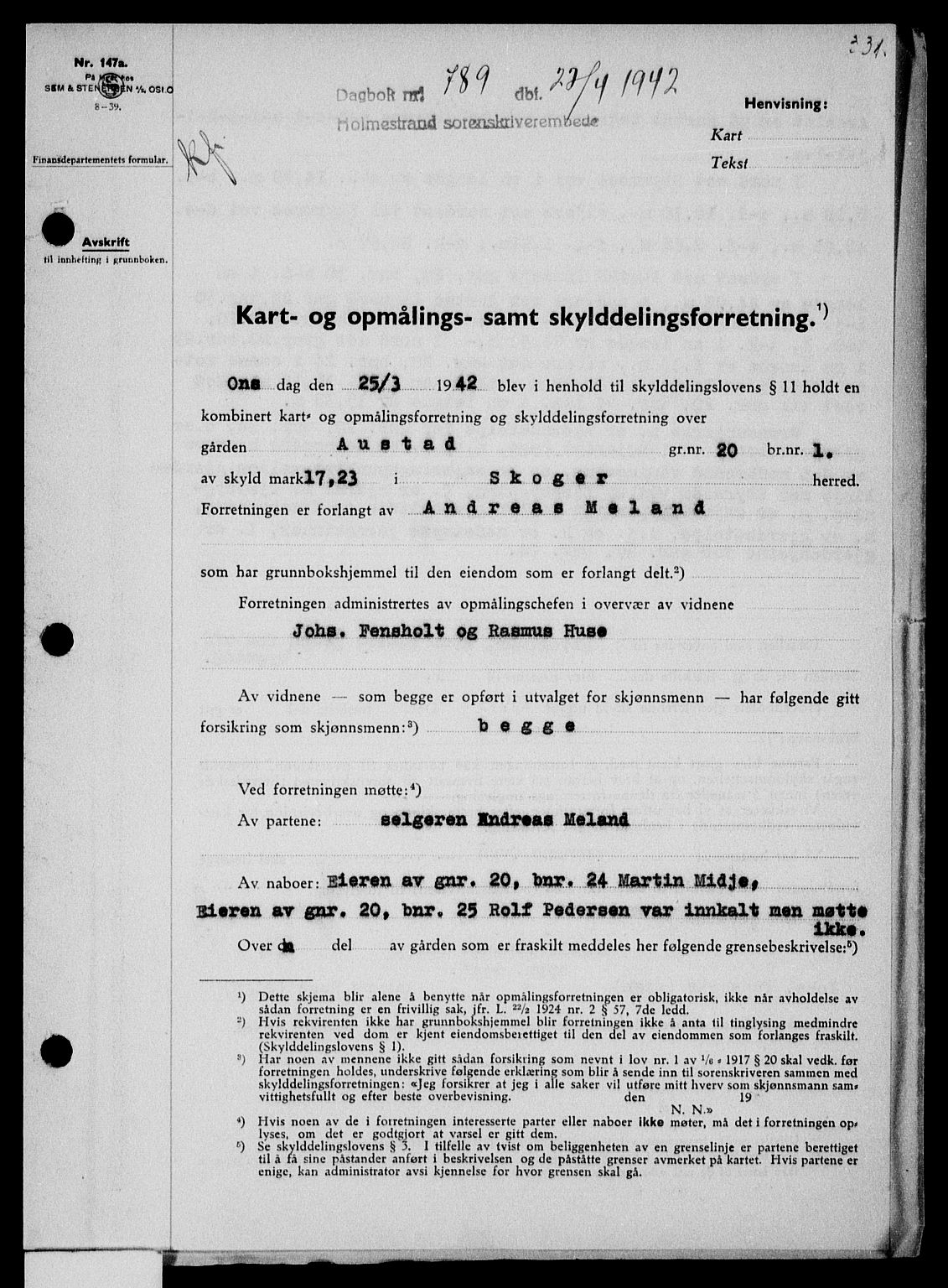 Holmestrand sorenskriveri, SAKO/A-67/G/Ga/Gaa/L0055: Pantebok nr. A-55, 1942-1942, Dagboknr: 789/1942