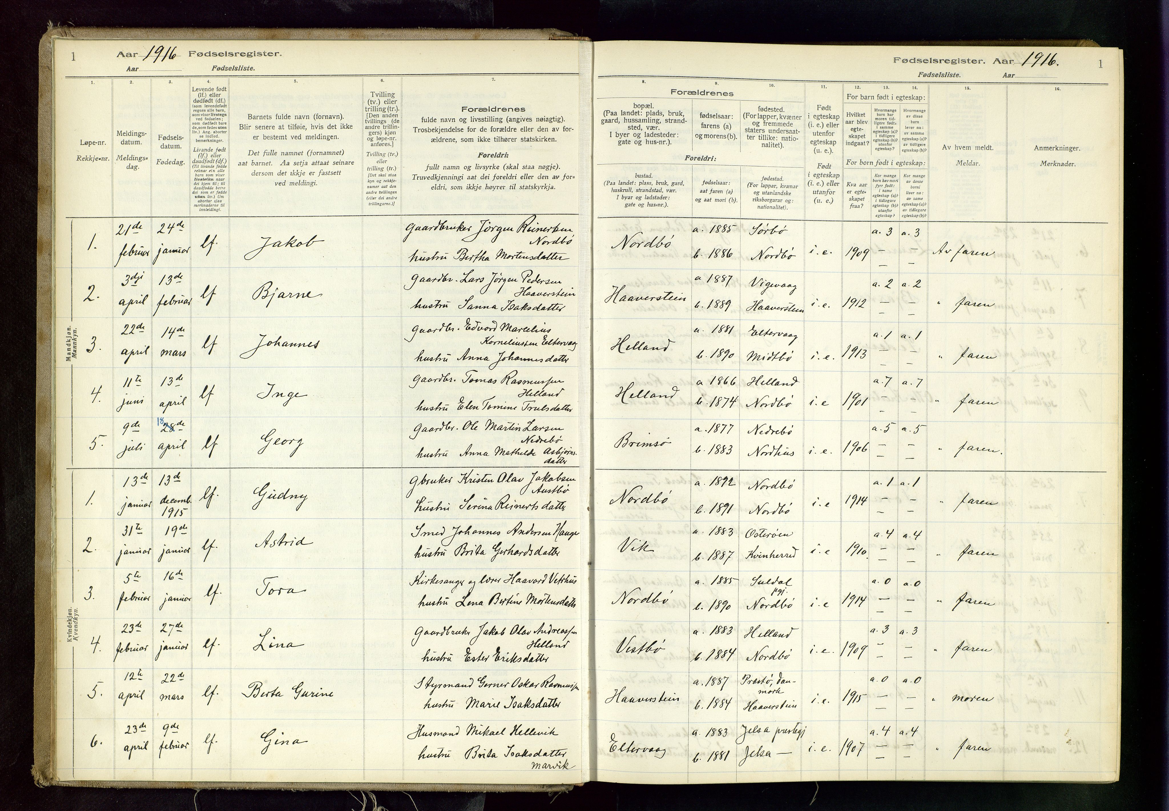 Rennesøy sokneprestkontor, SAST/A -101827/I/Id/L0001: Fødselsregister nr. 1, 1916-1982, s. 1