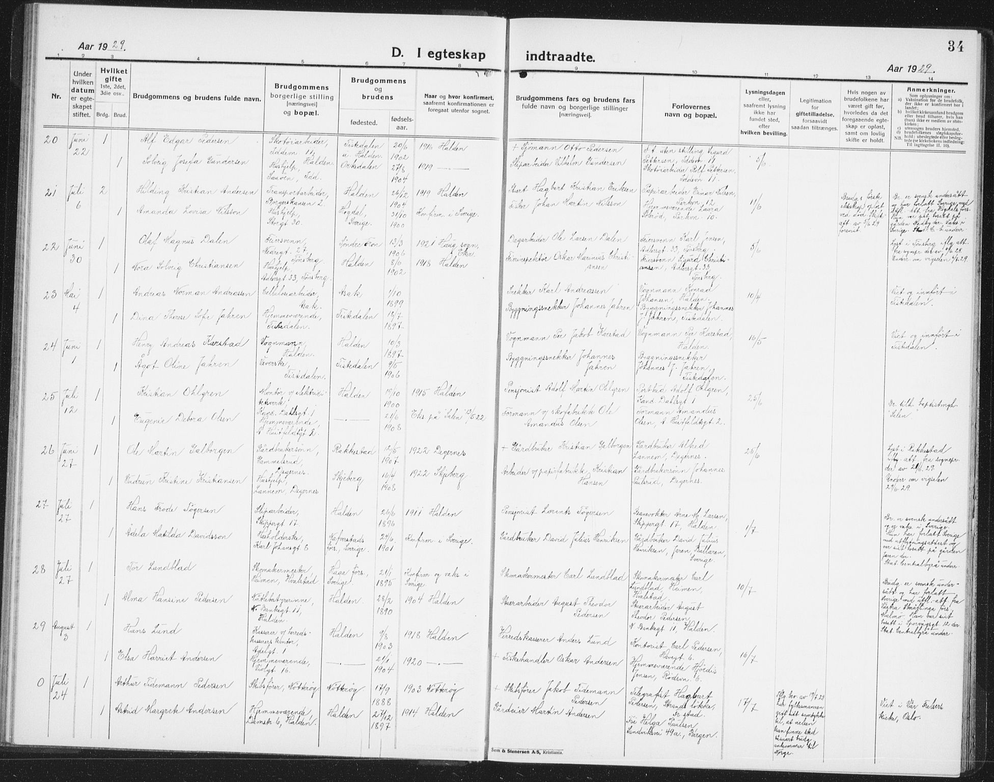 Halden prestekontor Kirkebøker, AV/SAO-A-10909/G/Ga/L0014: Klokkerbok nr. 14, 1925-1943, s. 34