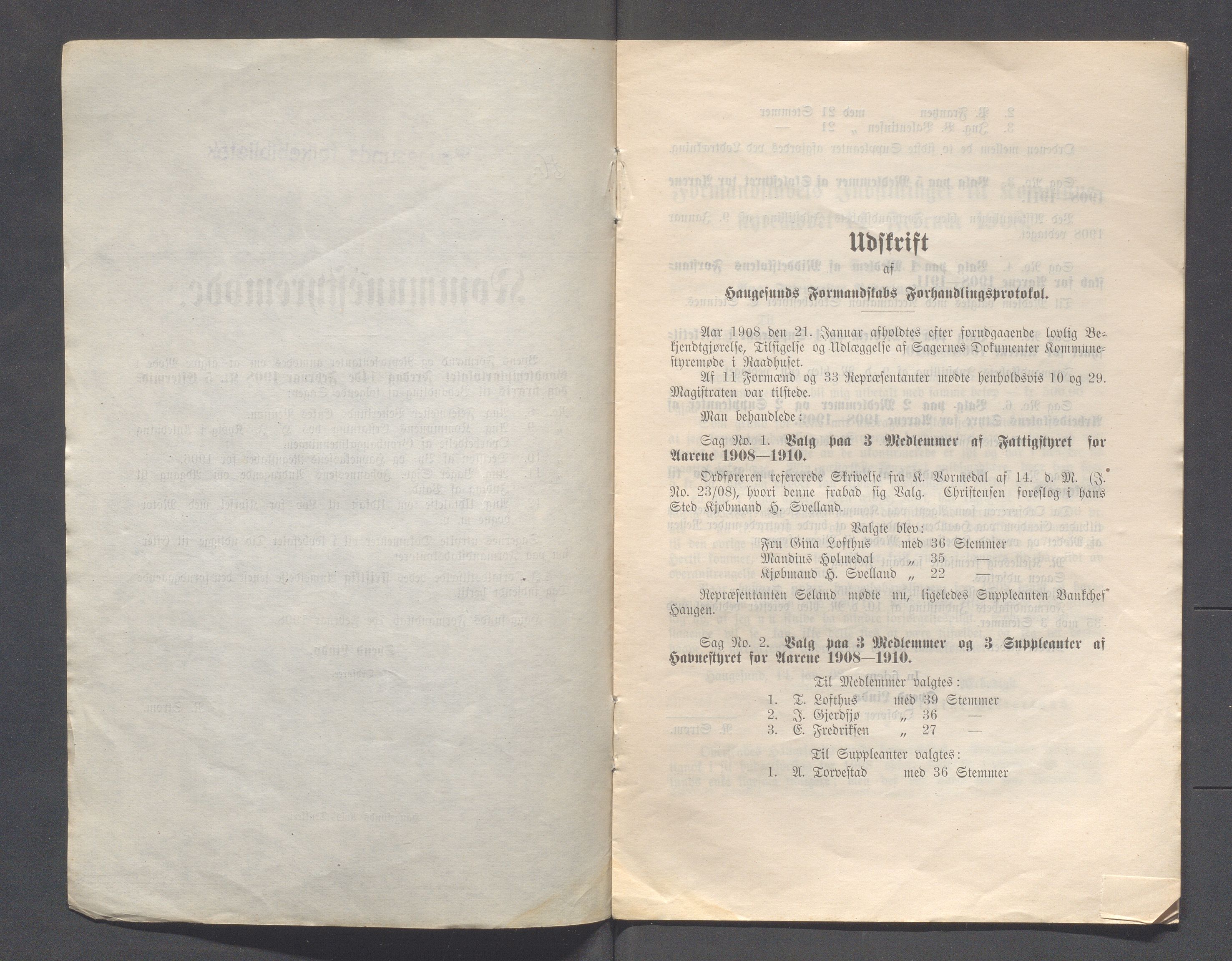 Haugesund kommune - Formannskapet og Bystyret, IKAR/A-740/A/Abb/L0002: Bystyreforhandlinger, 1908-1917, s. 7