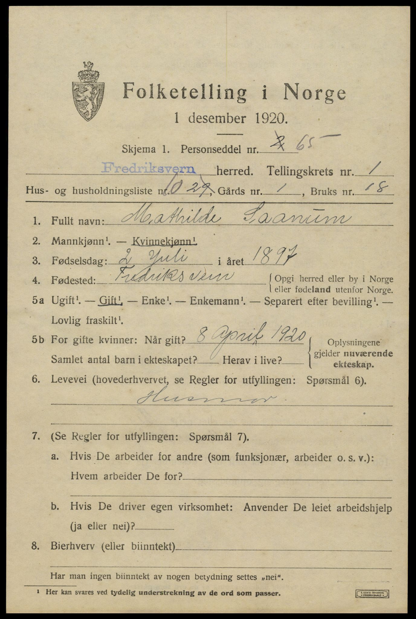 SAKO, Folketelling 1920 for 0798 Fredriksvern herred, 1920, s. 579