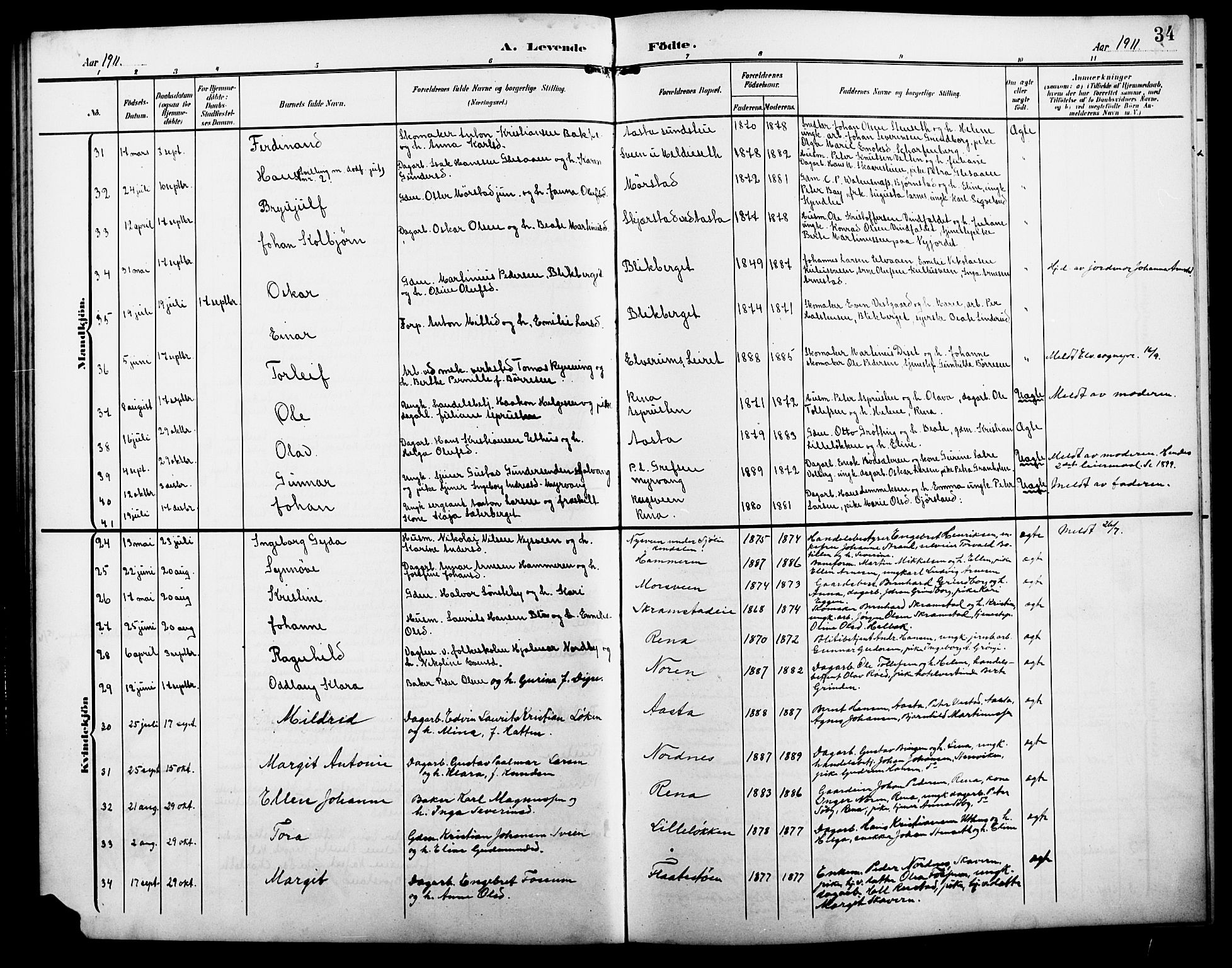 Åmot prestekontor, Hedmark, AV/SAH-PREST-056/H/Ha/Hab/L0004: Klokkerbok nr. 4, 1905-1920, s. 34