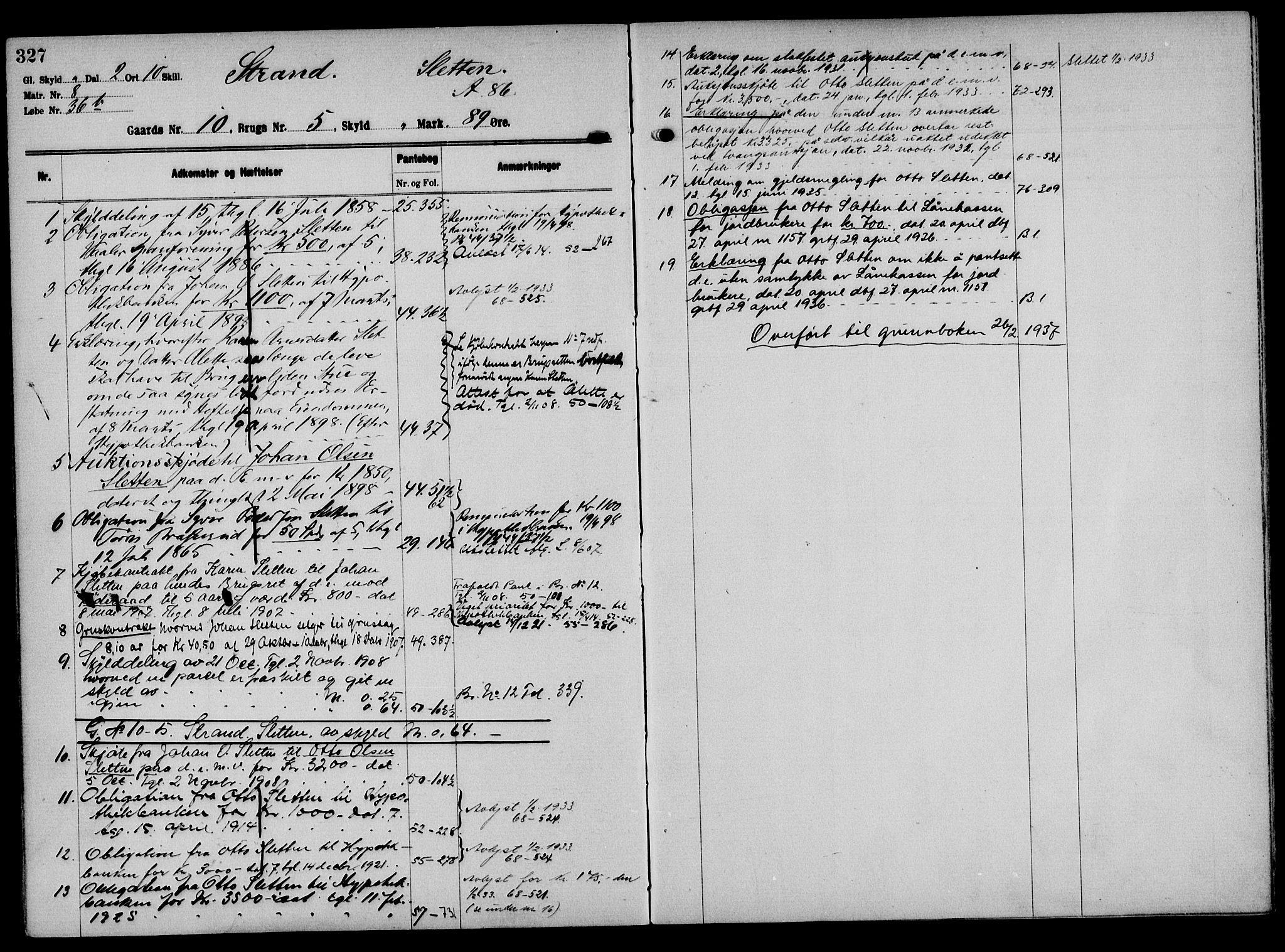 Solør tingrett, AV/SAH-TING-008/H/Ha/Hak/L0001: Panteregister nr. I, 1900-1935, s. 327