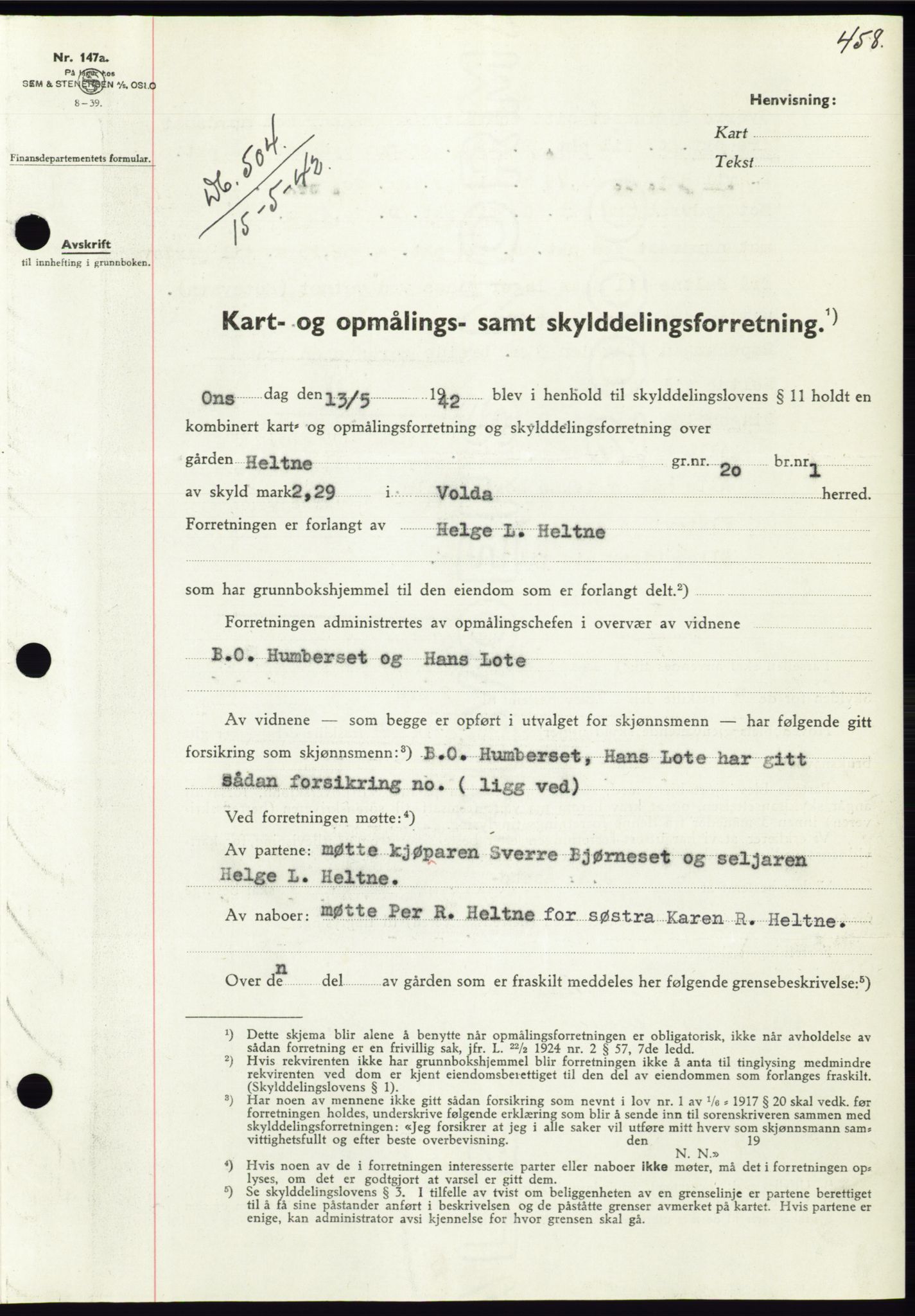 Søre Sunnmøre sorenskriveri, SAT/A-4122/1/2/2C/L0073: Pantebok nr. 67, 1941-1942, Dagboknr: 504/1942